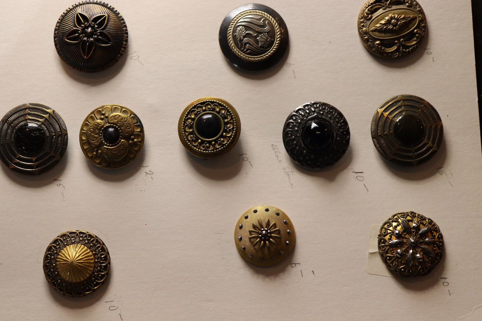 Lot of 11 Antique 1800 to 1920's Coat Buttons: fabulous lot that should have been broken up, some with center stones, Marcasite, silver and other, approx. 1 1/2 to 1 3/4
