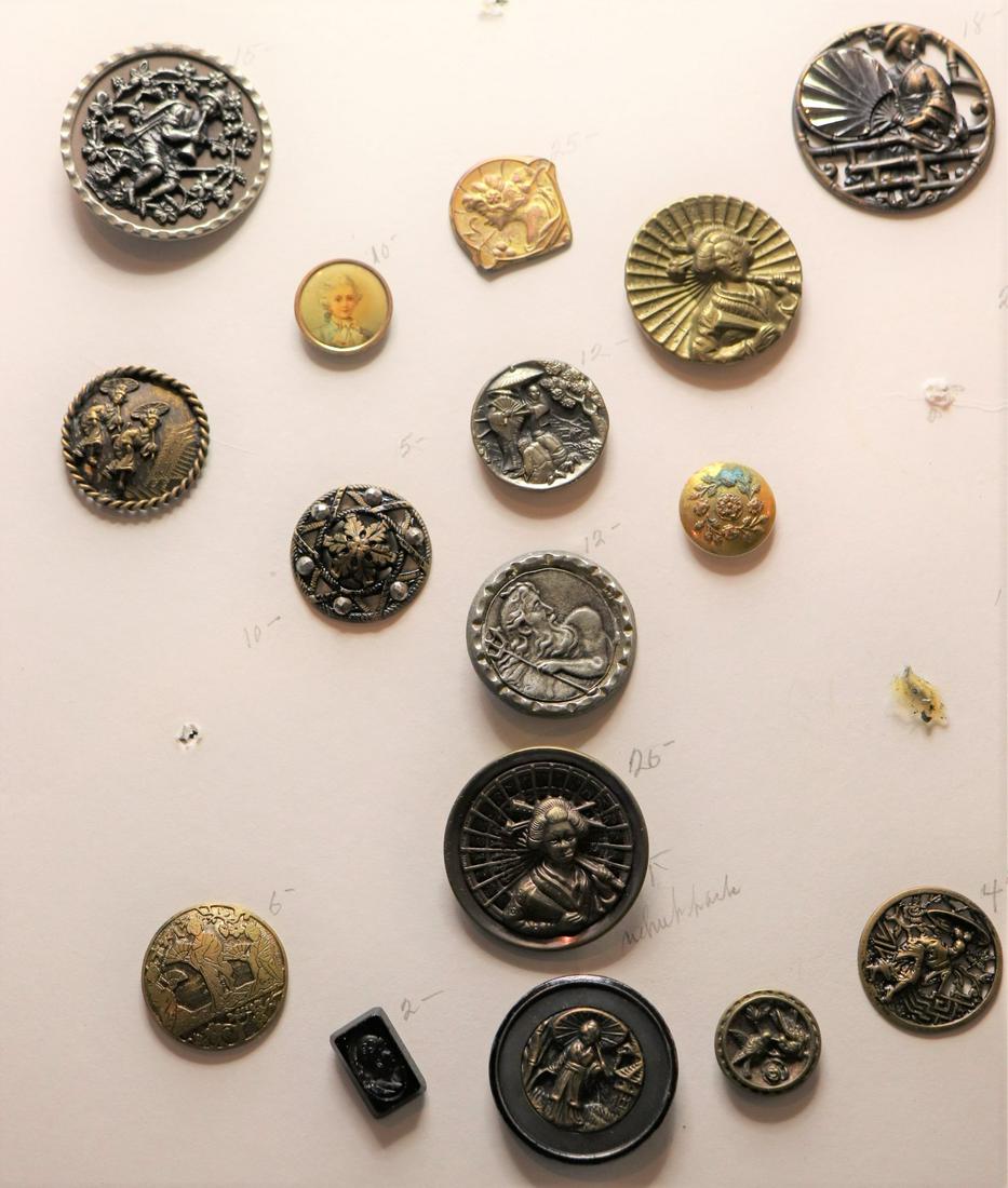 Lot of 16 Antique Buttons 1800-1900's French, &: antique 1800's Geisha with fan, & 7 other Geisha girl, 1 Art Nouveau girl, 1 French litho picture button, Posiden Neptune Greek, carved jet, marcasite, bird, floral, & man playing horn, approx. 3/4 to