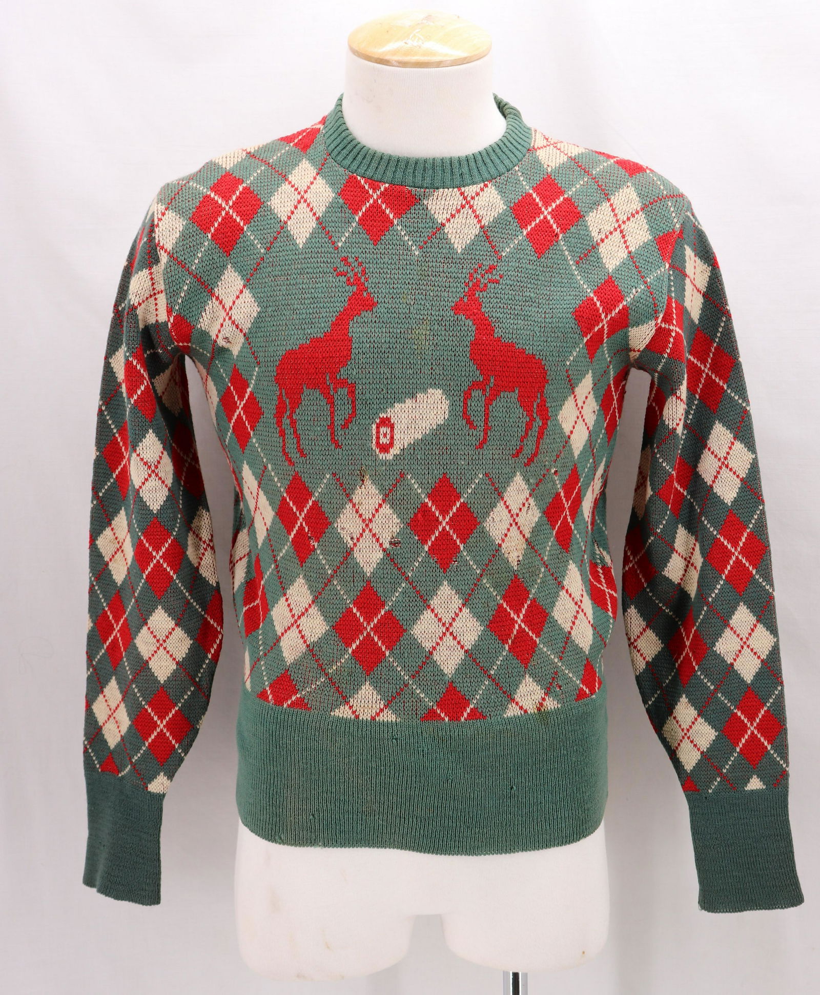 Vintage Men's 1940's Argyle Deer & Log Motif Sweater: long sleeve woold with double deer's and log on front, stretch cuffs at sleeve and waist, chest 38, waist 33, scattered holes and stains, see photo's