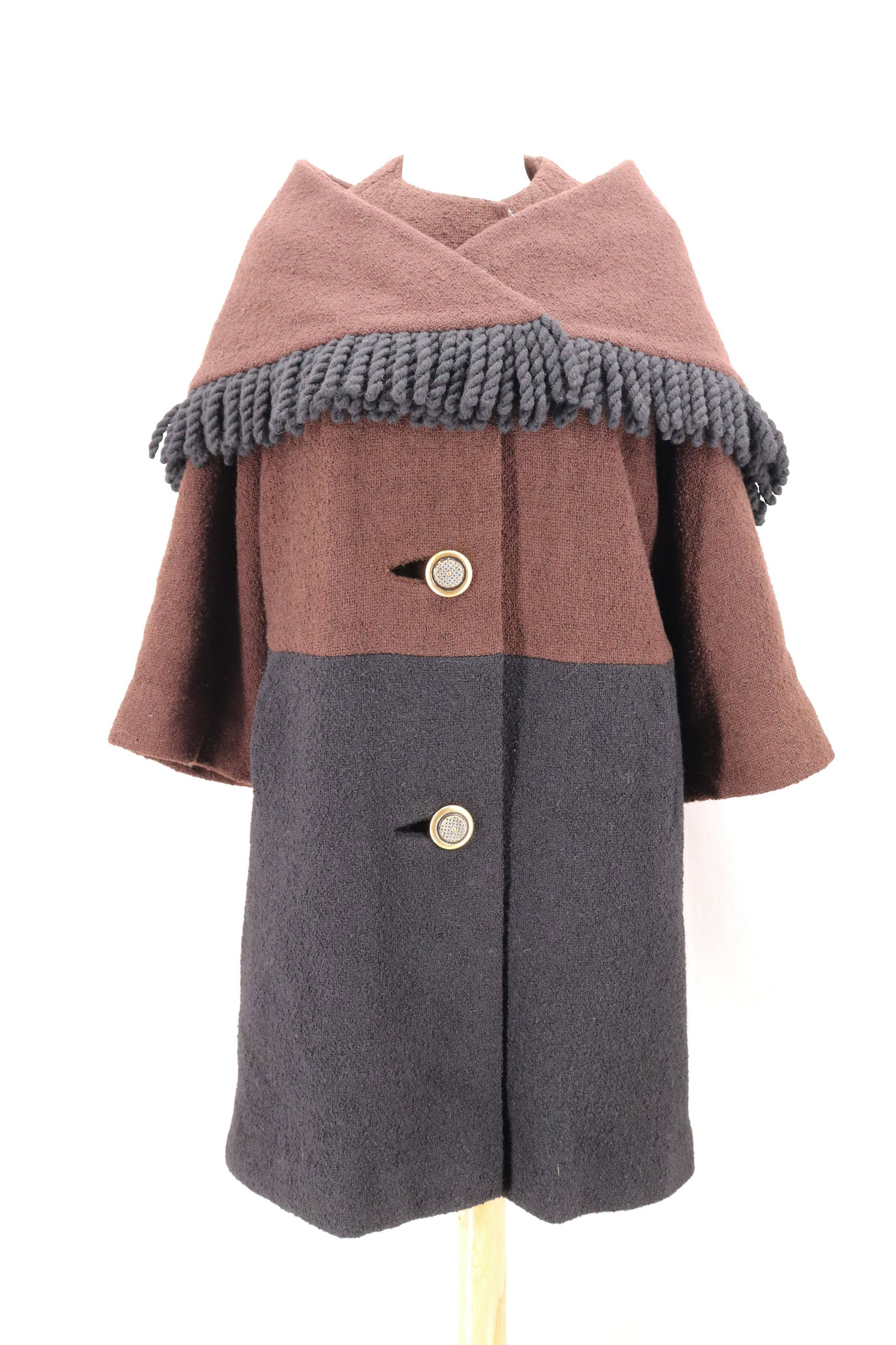 Vintage 1960's JOSEPH STEIN ORIGINAL Boucle Coat: 3/4 sleeves, amazing fringe shawl collar, brown and black collar block boucle fabric, fully lined, gold metal button front, bust up to 40, waist up to 38, great condition