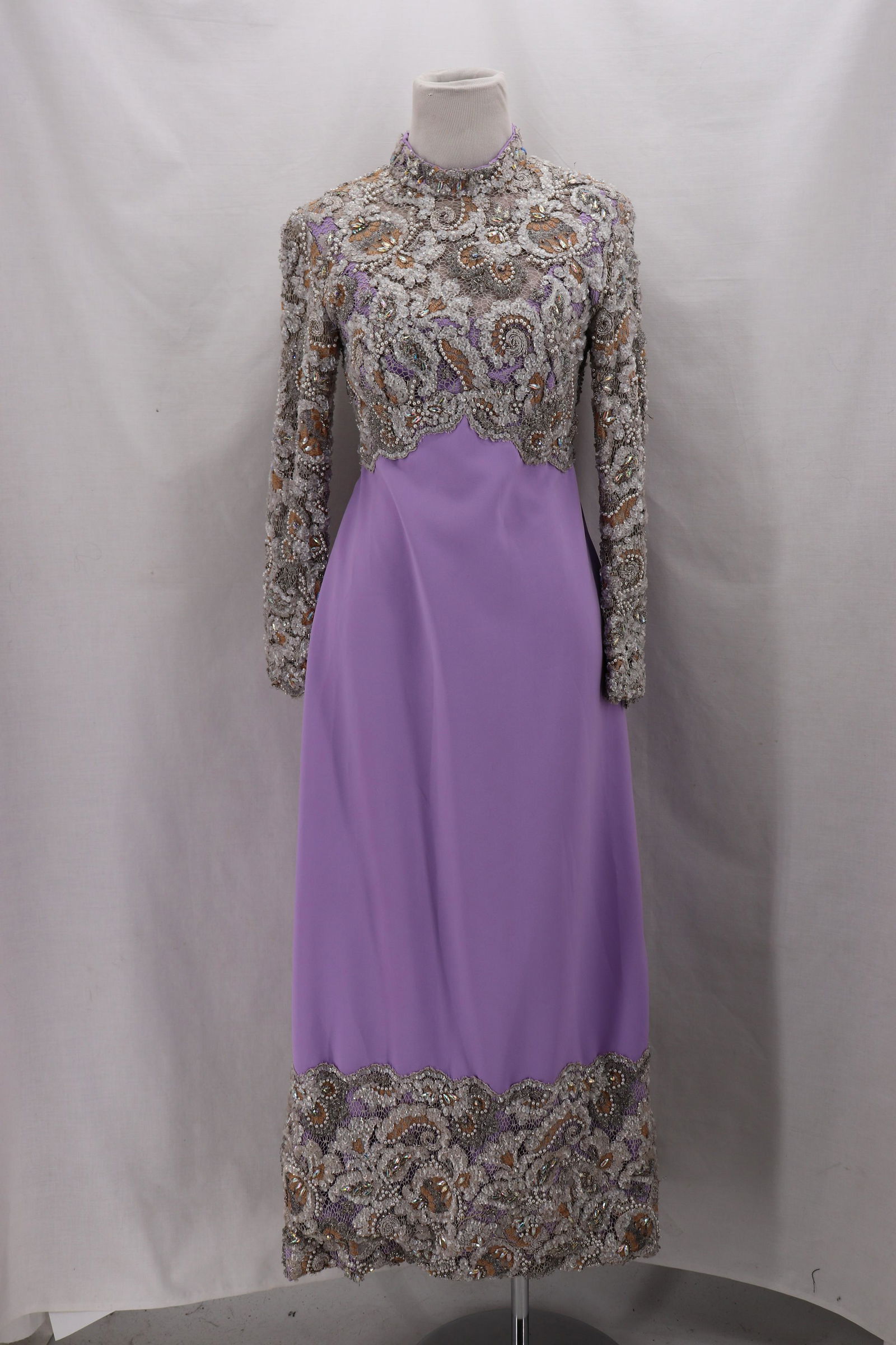 Vintage 1960's Highly Embellished Ball Gown: stunning heavily beaded, sequin, rhinestone, embroidered gown, long sleeves, mandarin collar, empire waist, large trimmed hem, back zipper, bust 31, waist 26, length total 51 1/2, some beads needs tig