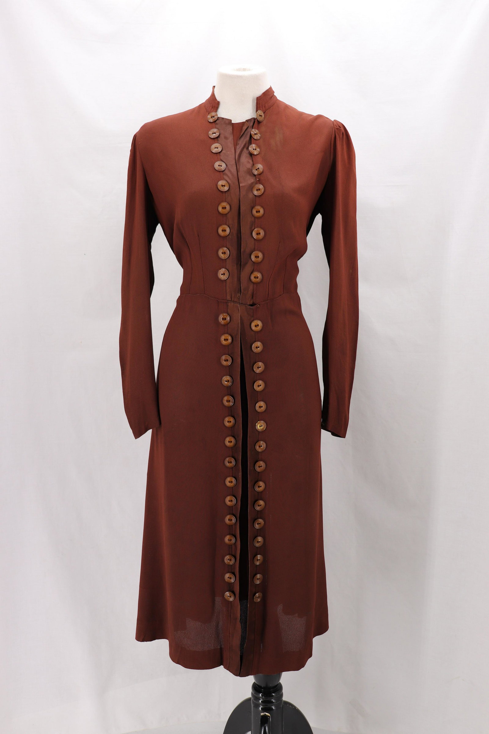 Vintage 1930/40's Brown Rayon War Time Era Style Dress: long sleeve snap cuffs, mandarin collar with inset satin that also flanks either side down middle front, with fabulous decorative buttons either side, bust, 40, waist 35, some fade and pin holes
