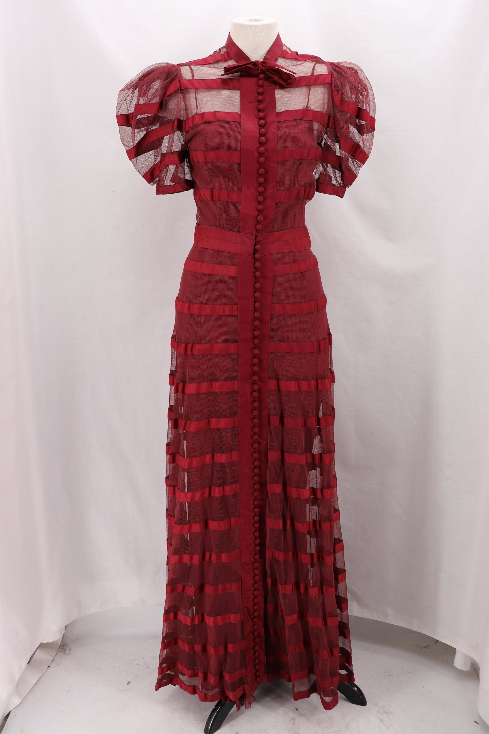 Vintage 1930's Ribbon & Net Gown: Marsala Color ribbon and net with stunning satin buttons all the way to hem (approx. 74 buttons), short pouf sleeves, pussy bow at neck, fitted with flare skirt, has matching slip, bust 32, waist 24,