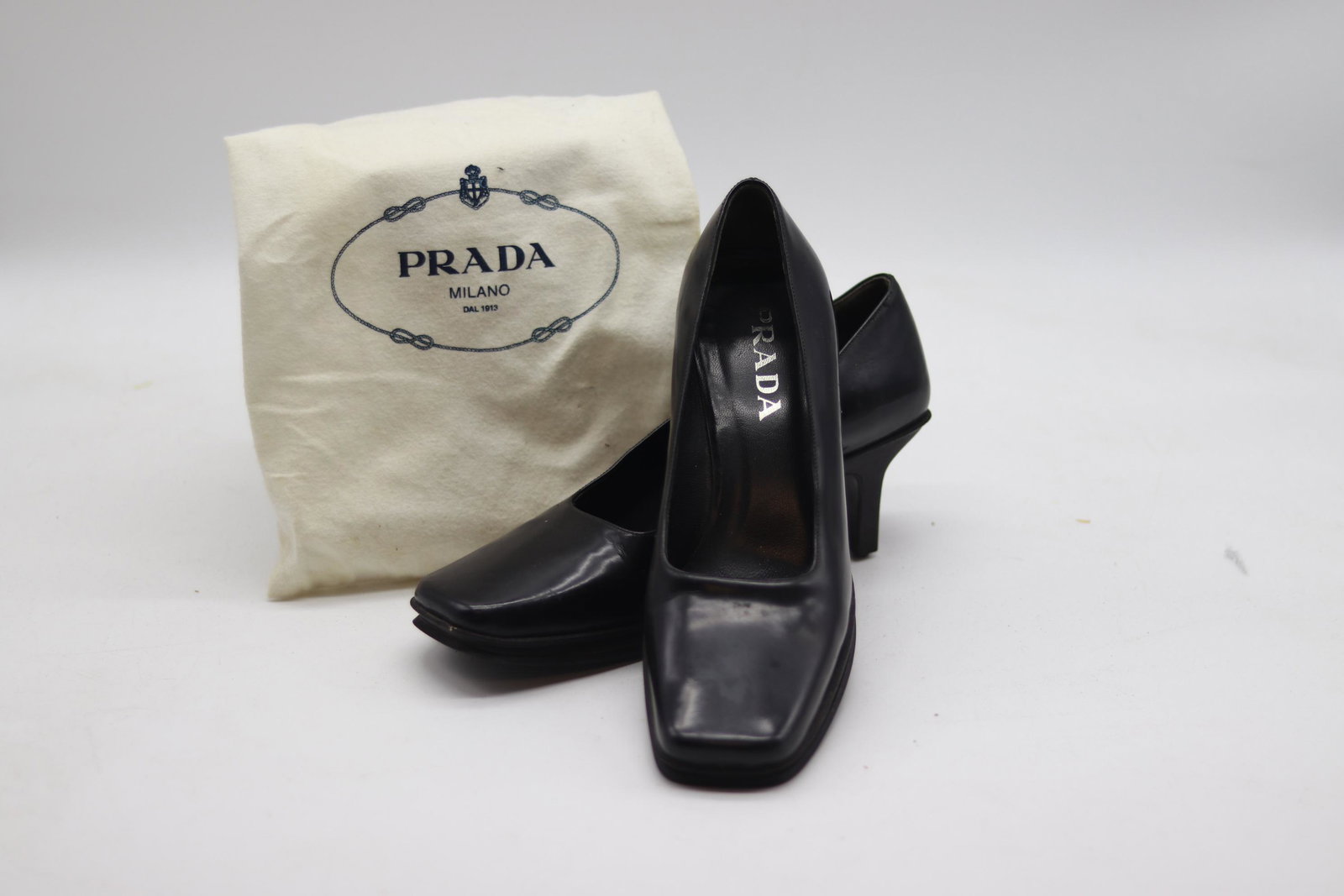 Vintage PRADA ITALY, Black Leather Square Toe Pumps: black square toe pumps with heel, original cloth bag
