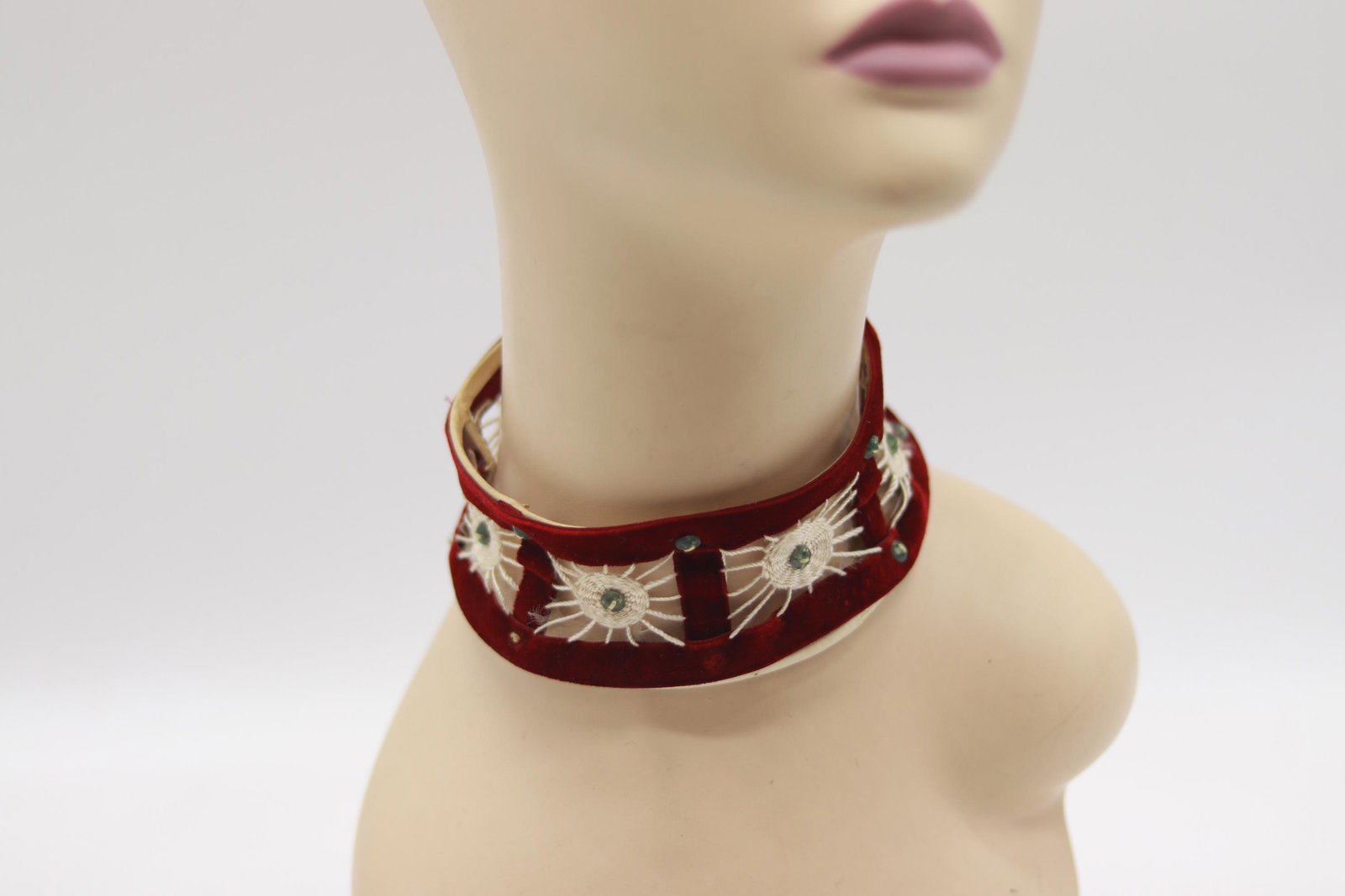 Lot of Victorian Vintage Lase Collars: red velvet with needle work & studs, blue satin with lace, black satin with lace, green velvet with lace and silver beads,