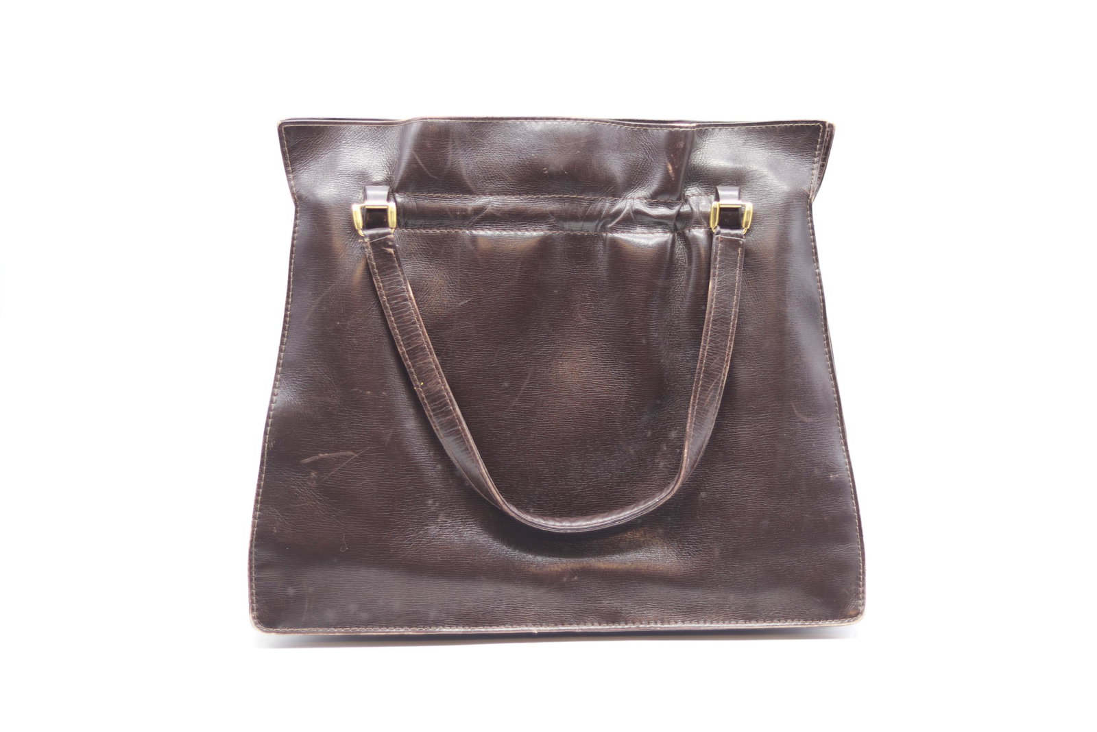 Vintage Brown Leather Hand Bag, 1960-70's: arm straps with gold tone hardware, one clasp for middle compartment, good condition, no markings