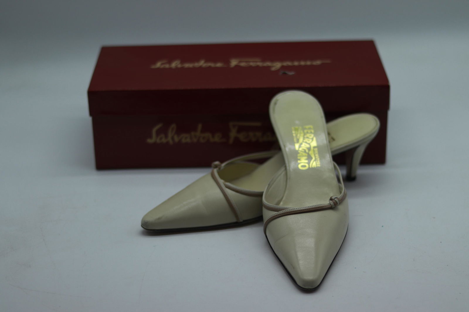 Vintage Salvatore Ferragamo, open Back, Kitten Heel: NILDA style #0226881, size 7, kitten heels with open heel, original box