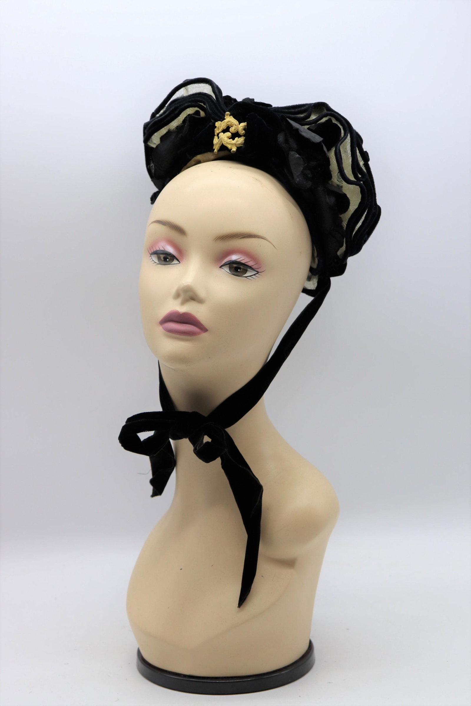 Antique 1880's Half Bonnet, DEAL Greenfield Mass: fabulous black velvet trimmed ruffled hat with black silk roses and velvet chin tie, silk lined and original label from DEAL 104 Main St. Greenfield Mass