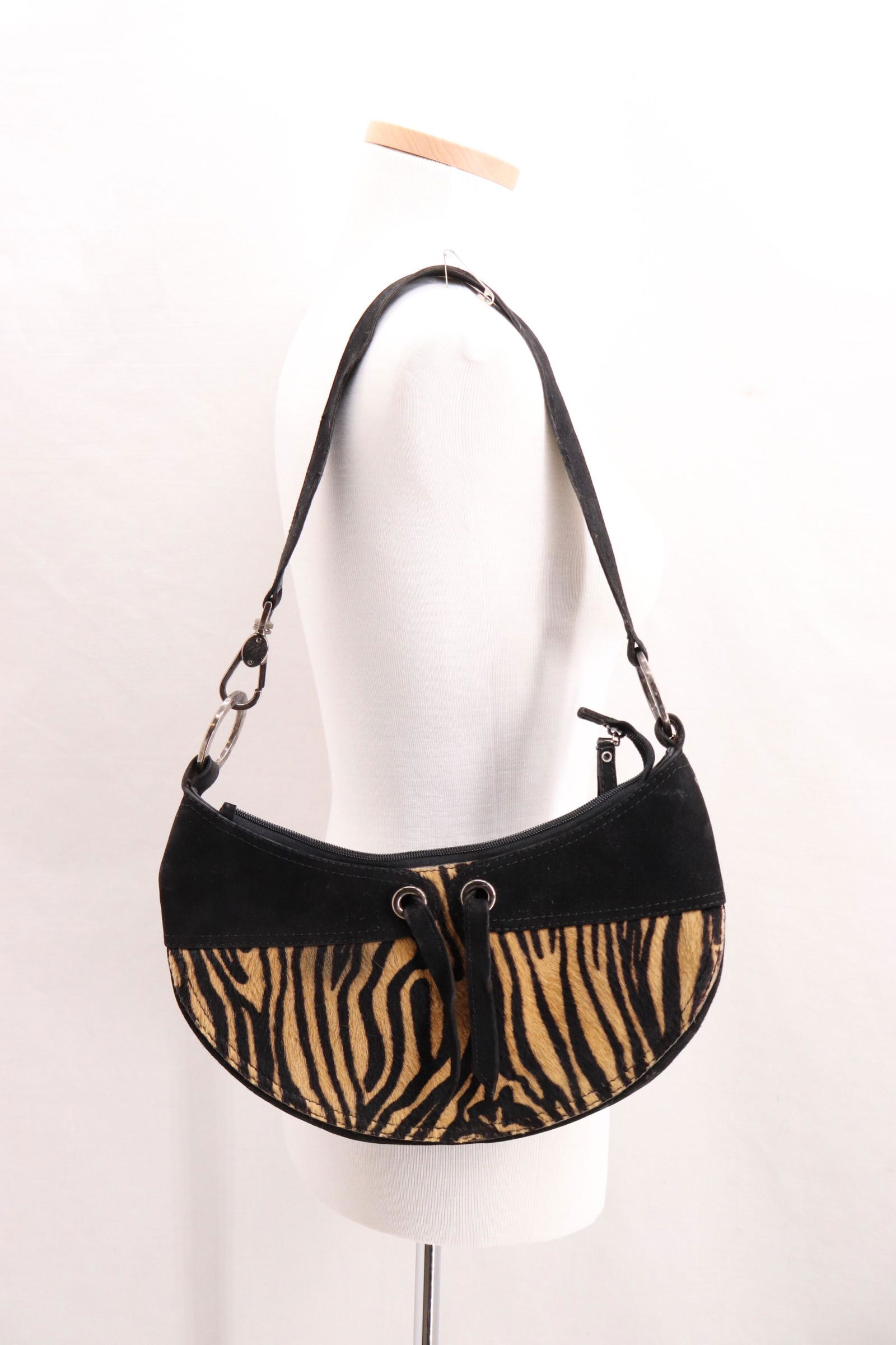 Vintage Stuart Weitzman Tiger Print Fur & Leather: Used condition black leather suede and printed fur slight discoloration at top of the fur 12"X6.5", Stuart Weitzman labeled fabric on inside