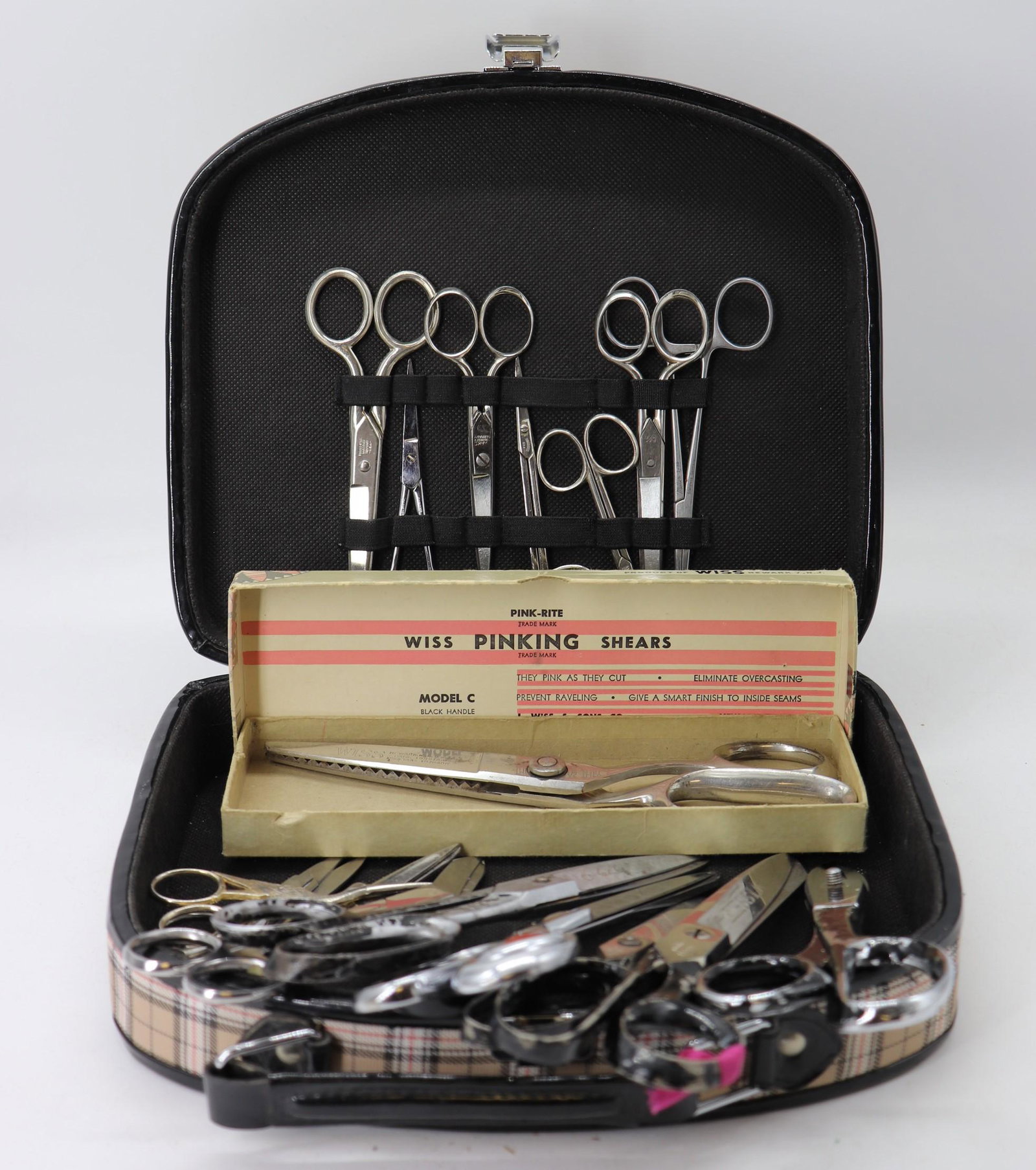 Lot of Vintage Scissors, Pinking Sheers in Box: Wiss Pinking sheers in original box, other sewing, Possible medical and other, 17 pairs in all, plaid carry case included