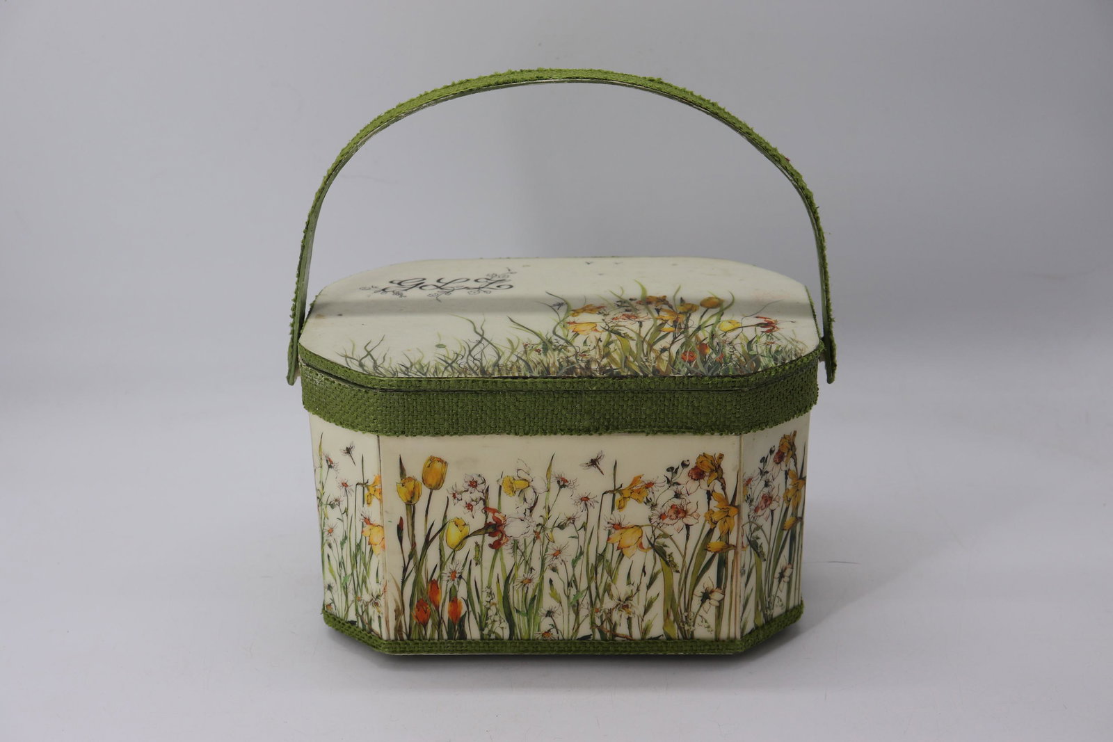 Vintage 1960's Hand Painted Wood Box Purse: tulips and lilies, monogrammed top, stripped cotton lining with mirror inside on lid