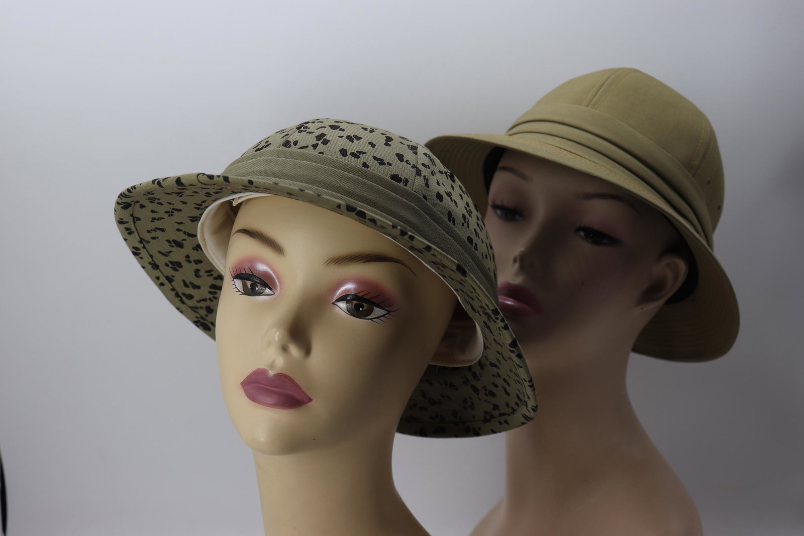 Pair of Vintage Women's Safari Hats: one animal print, one tan, like new condition