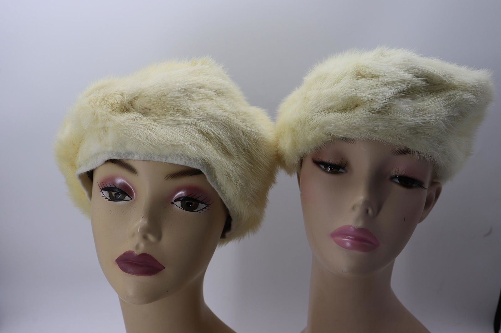 Lot of 2 Vintage White Mink Hats & PR of Cuffs: Mr. A Hats & Macy's little shop, Pair of sleeve cuffs, all in good condition