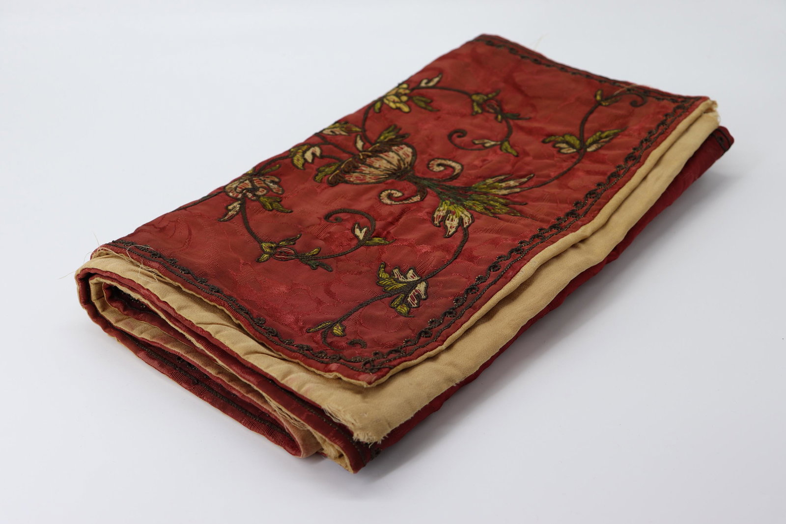 Victorian Satin & Metallic Embroidered Table Runner: hand embroidered floral design on red, has one tiny hole and backing is fraying at edges
