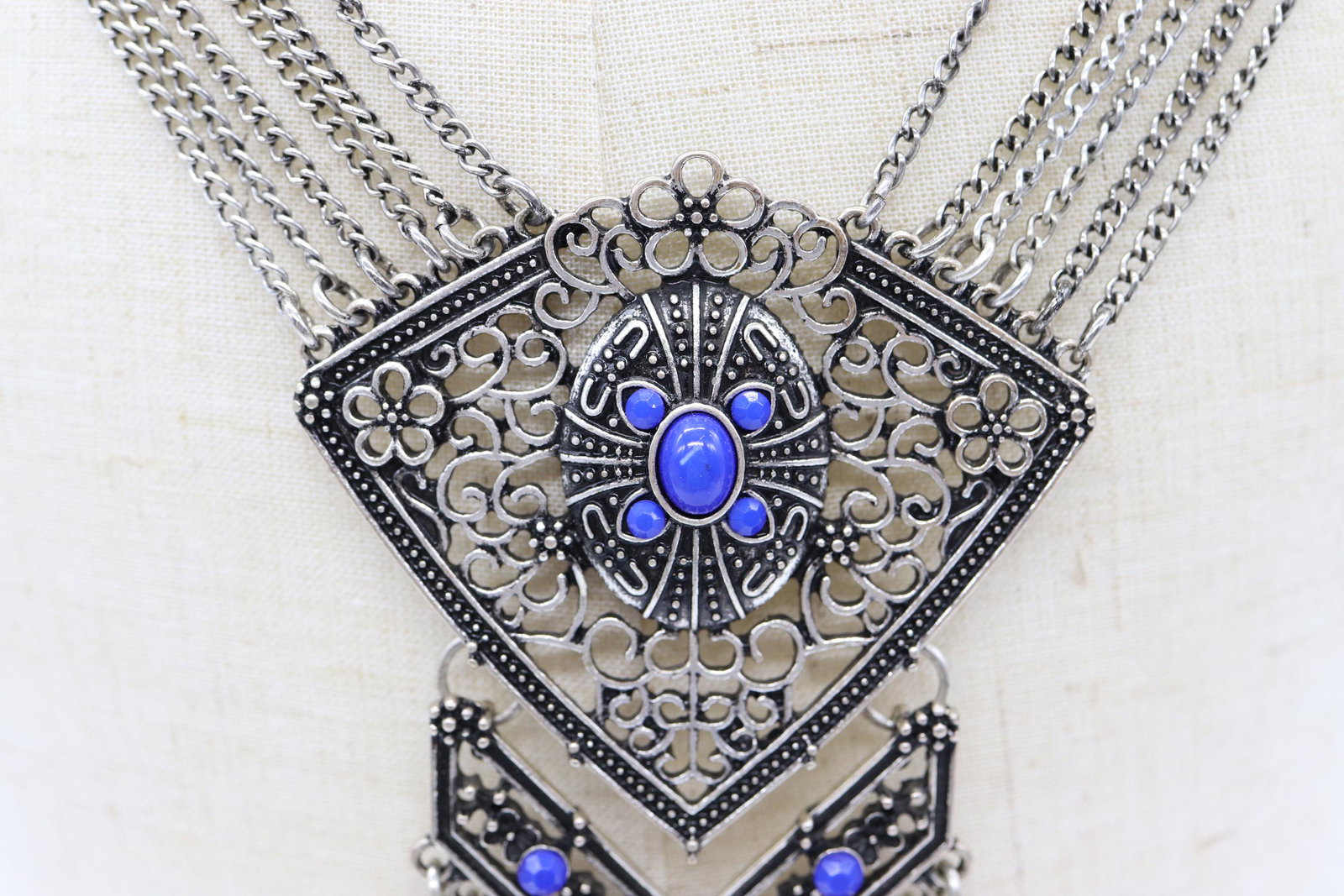 Vintage Silver Tone Fringe Necklace with Blue Stones (1 of 6)