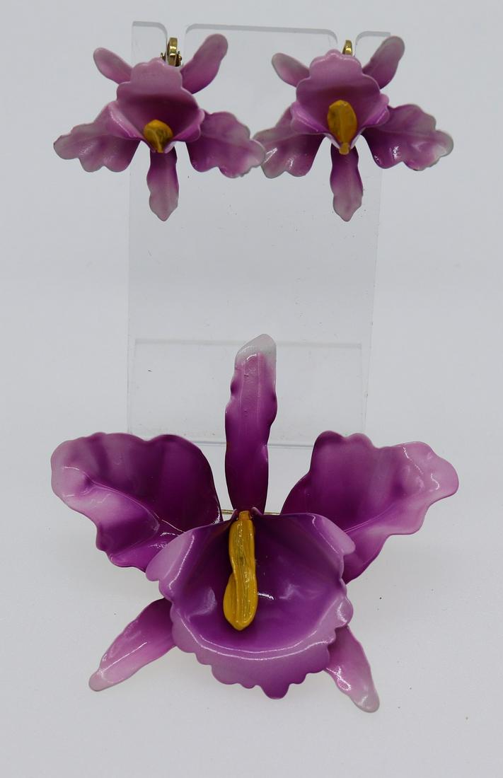 Vintage Enamel Orchid Brooch & Matching Earrings (1 of 7)