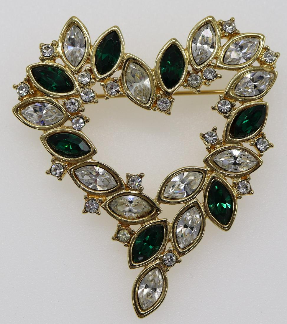 Vintage Monet Heart Brooch: green and clear faceted crystal rhinestones approx. 2 1/8 inches
