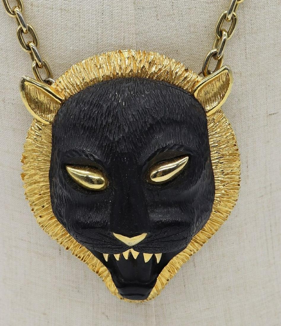 Vintage Huge Cat/Lion Pendant & Chain: approx. 4 x 3 inches, angry Cat/Lion, black face with gold tone accents