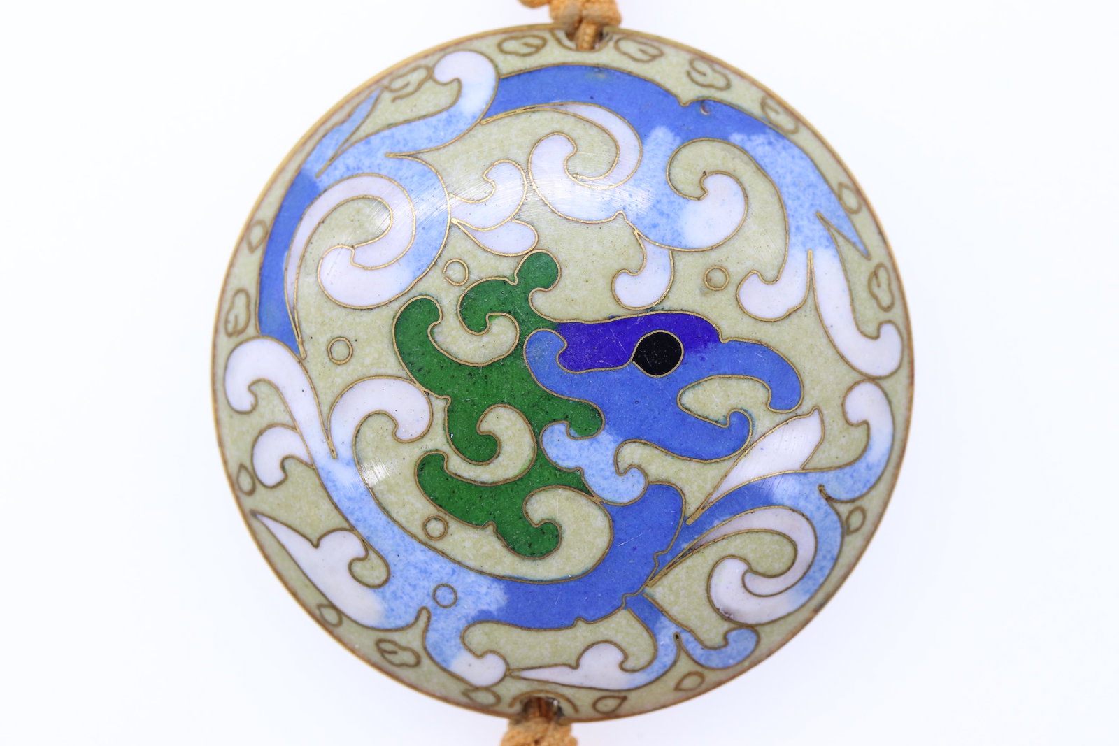 Vintage Chinese Cloisonne Pendant: approx. 2 1/2 inch cloisonne pendant with fringe tassel and ribbon
