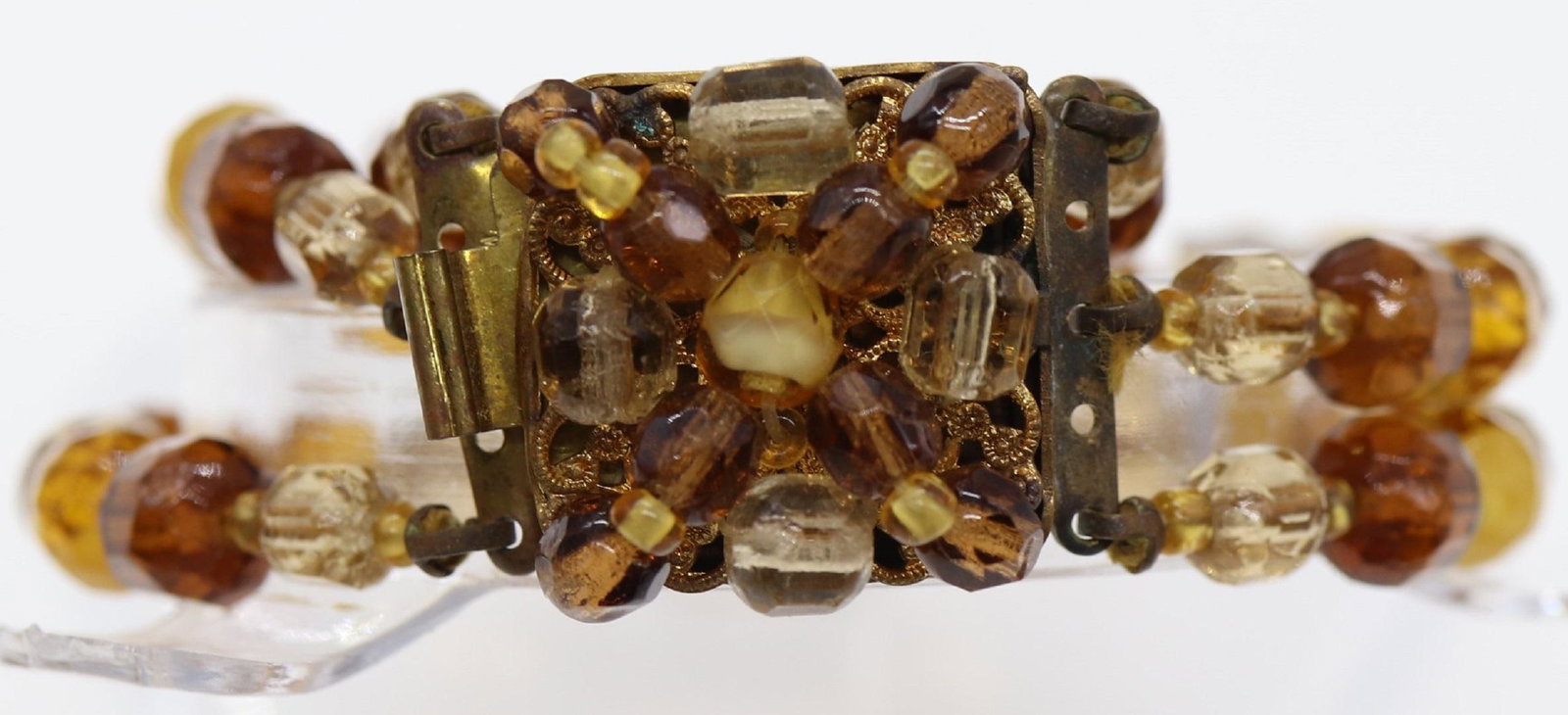 Vintage German Glass Beaded Bracelet: 3 strands of glass beads marked on clasp Germany