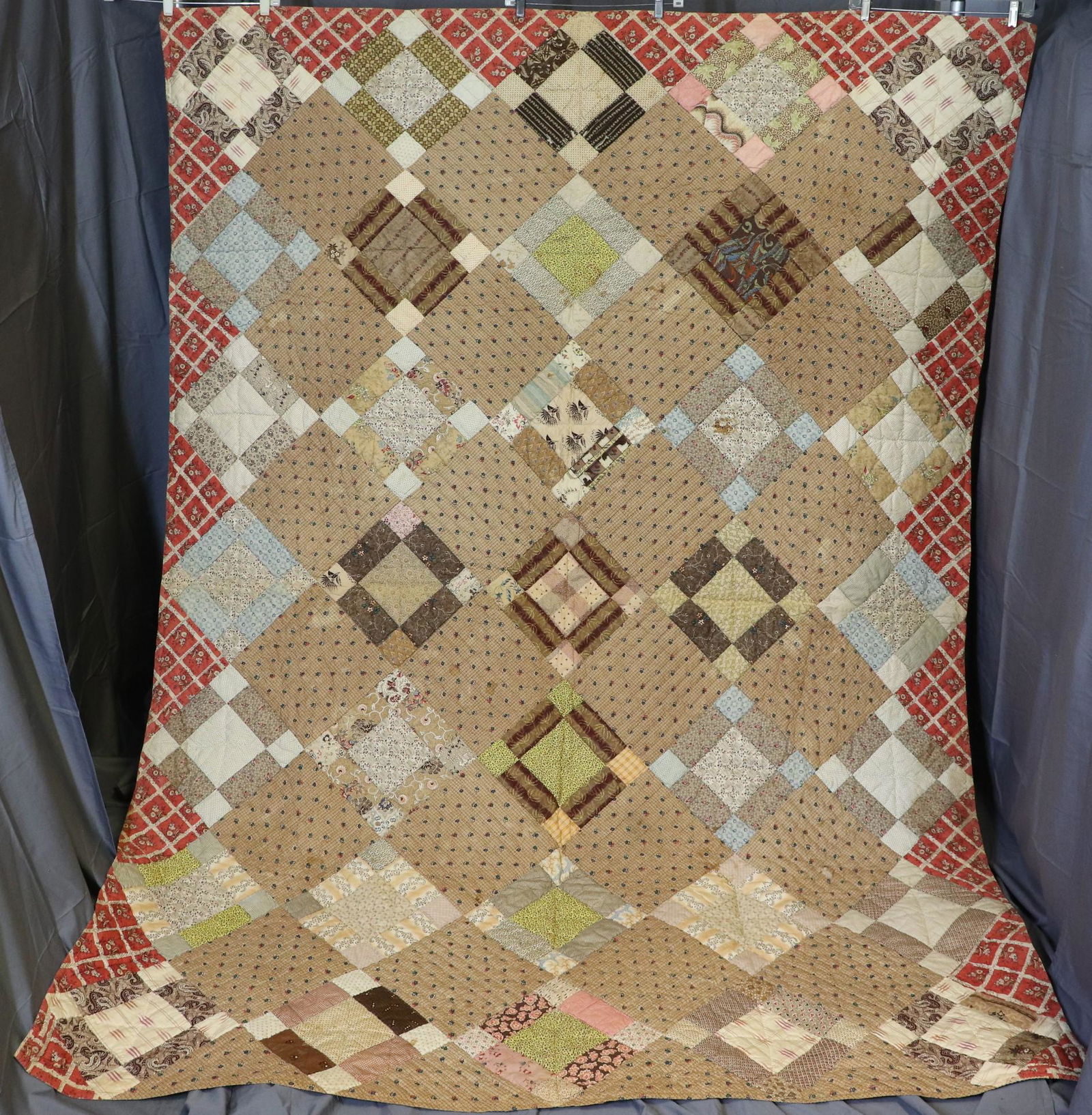 Vintage 9 Patch Variation Hand Stitched Quilt, 1860-80 (1 of 15)