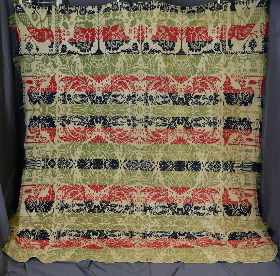 Antique 18th Century Woven Coverlet, Signed: Red, Green and Blue, woven wool coverlet with peacocks, signed, W. H. O'Neal, approx. 72 x 82, some fringe damage, see photo's