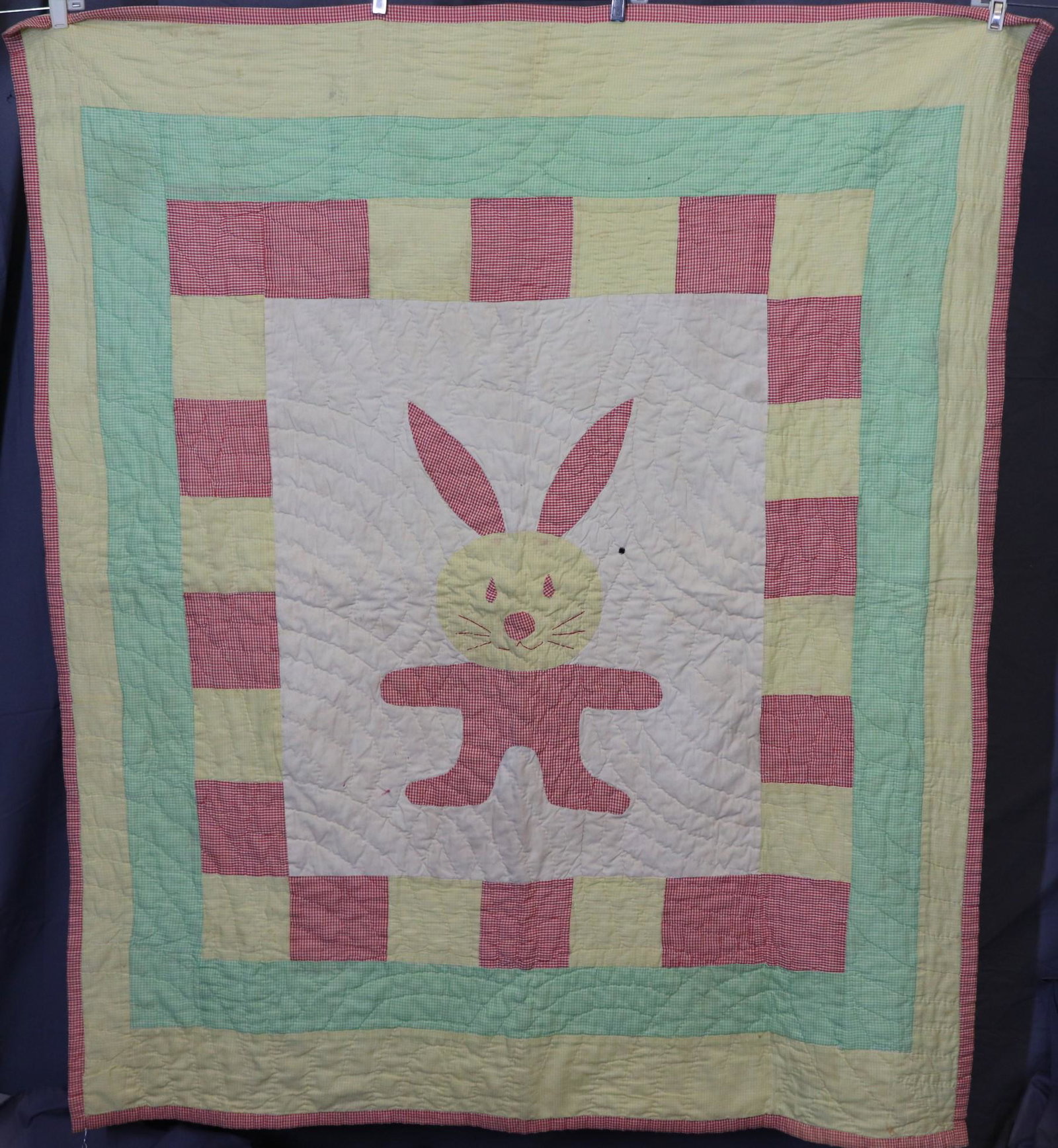 Vintage 1950's Hand Stitched Childs Bunny Quilt: hand quilted, red, yellow and green gingham, approx. 46 x 54, hole by bunny, see photo's
