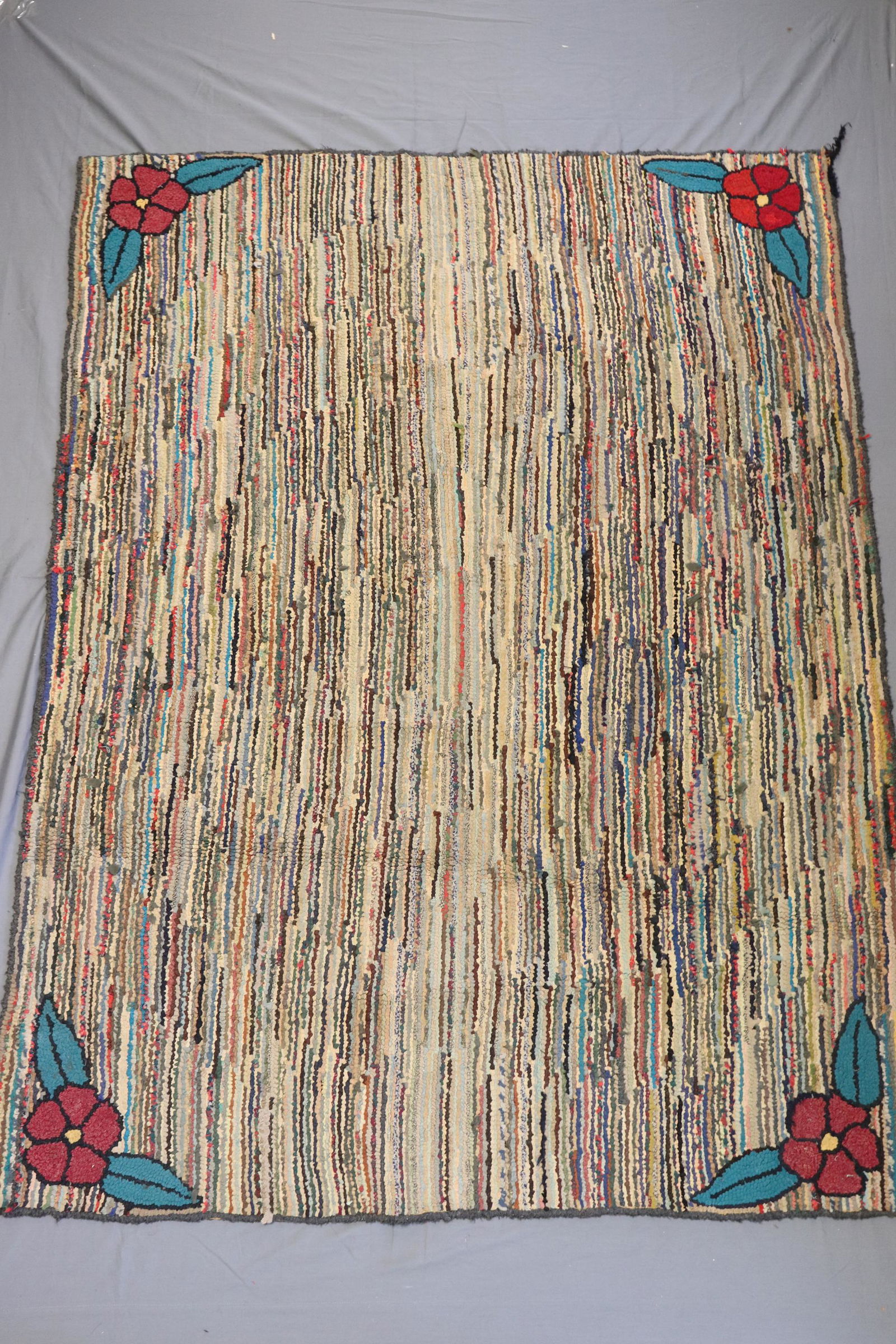 Vintage Hand Made Rag Rug with Hand Hooked Flowers (1 of 4)