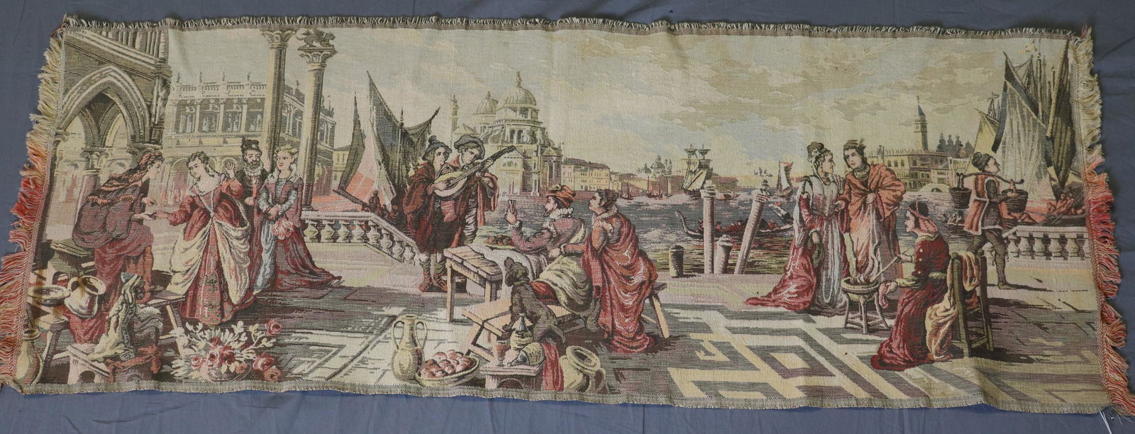 Vintage Victorian Tapestry, made in Italy: harbor scene with musician and others, approx. 18 x 50, see photo's for stain