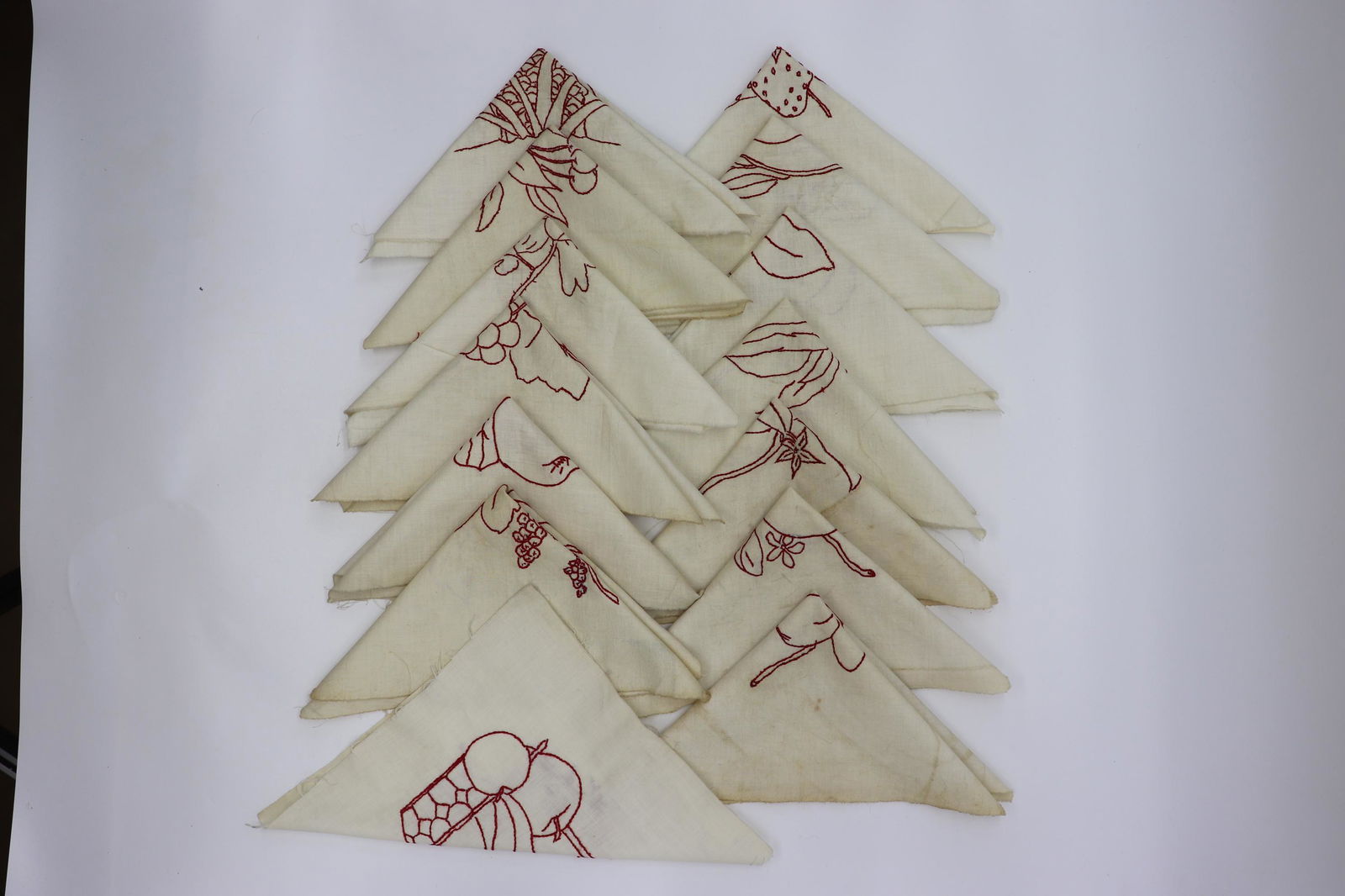 Lot of 14 Vintage Red Work Fruit Quilt Squares (1 of 15)