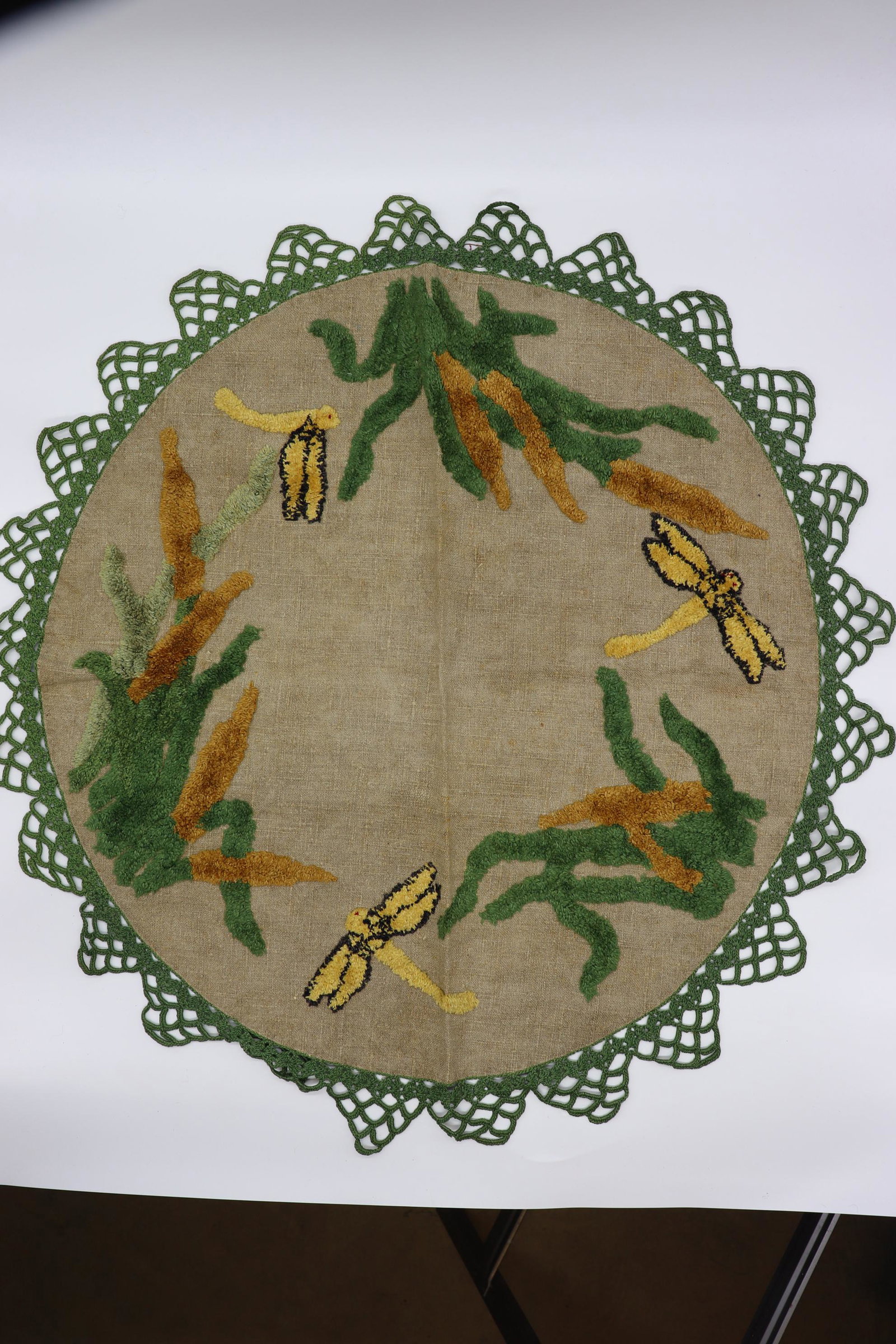 Great Vintage Arts & Crafts Era Round Hand Work Doilies: dragon fly hand embroidered round doilies with green crochet trim, great piece