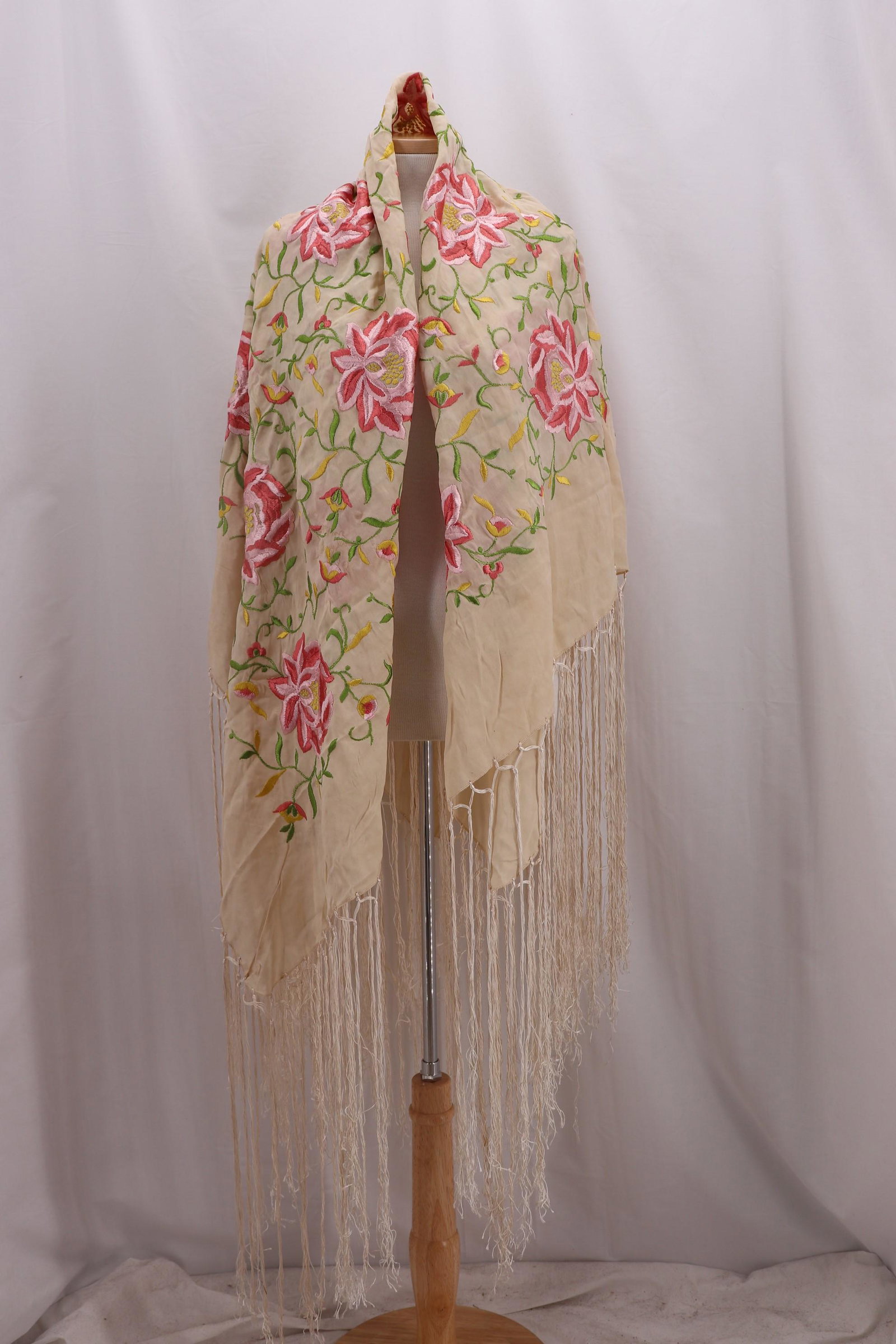 Vintage Silk Embroidered Piano Shawl with Long Fringe: hand embroidered silk flowers approx. 52 x 50, not in including fringe that is approx. 17 inches long, see photo's for pin holes and other possible damage
