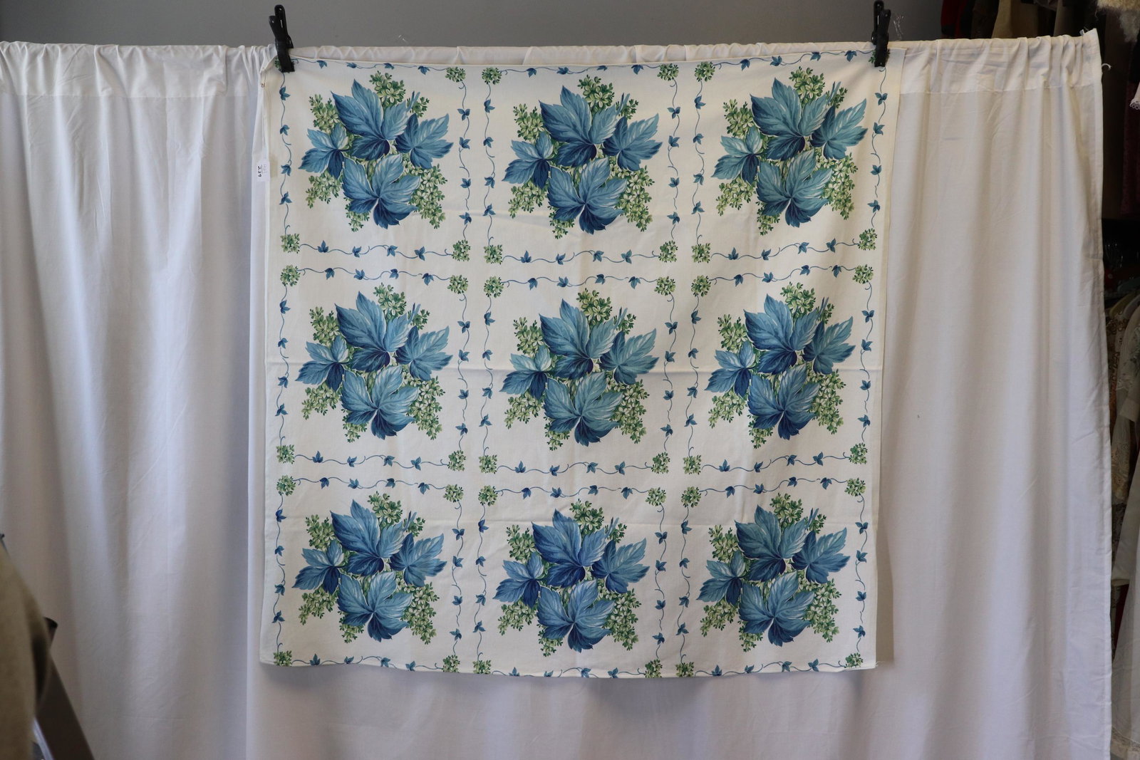 Vintage 1950's Cotton 9 Square Blue Floral Table Cloth: good condition, approx. 46 x 44, good condition