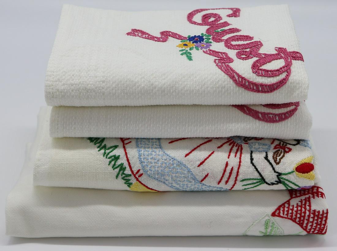 Vintage 4 piece Linen Lot with Guest Towels: pair of embroidered guest towels, and 2 embroidered table cloths