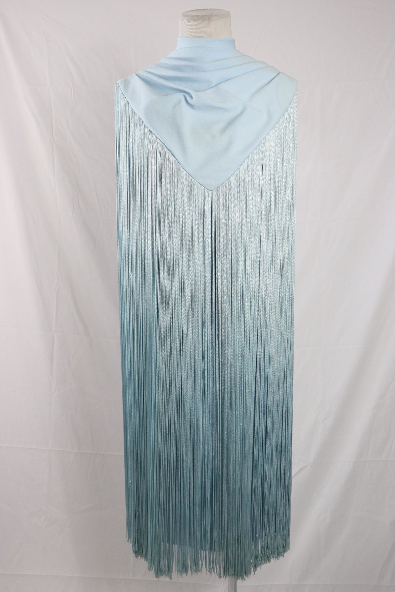 Vintage 1960's Sydney North Blue Fringed Cocktail Dress: fabulous fringe, sleeveless dress with cowl neck that comes to a point, fringe the length of dress, underarm stains and some other spots, the fringe hides them, some stain on bottom of fringe, and oth