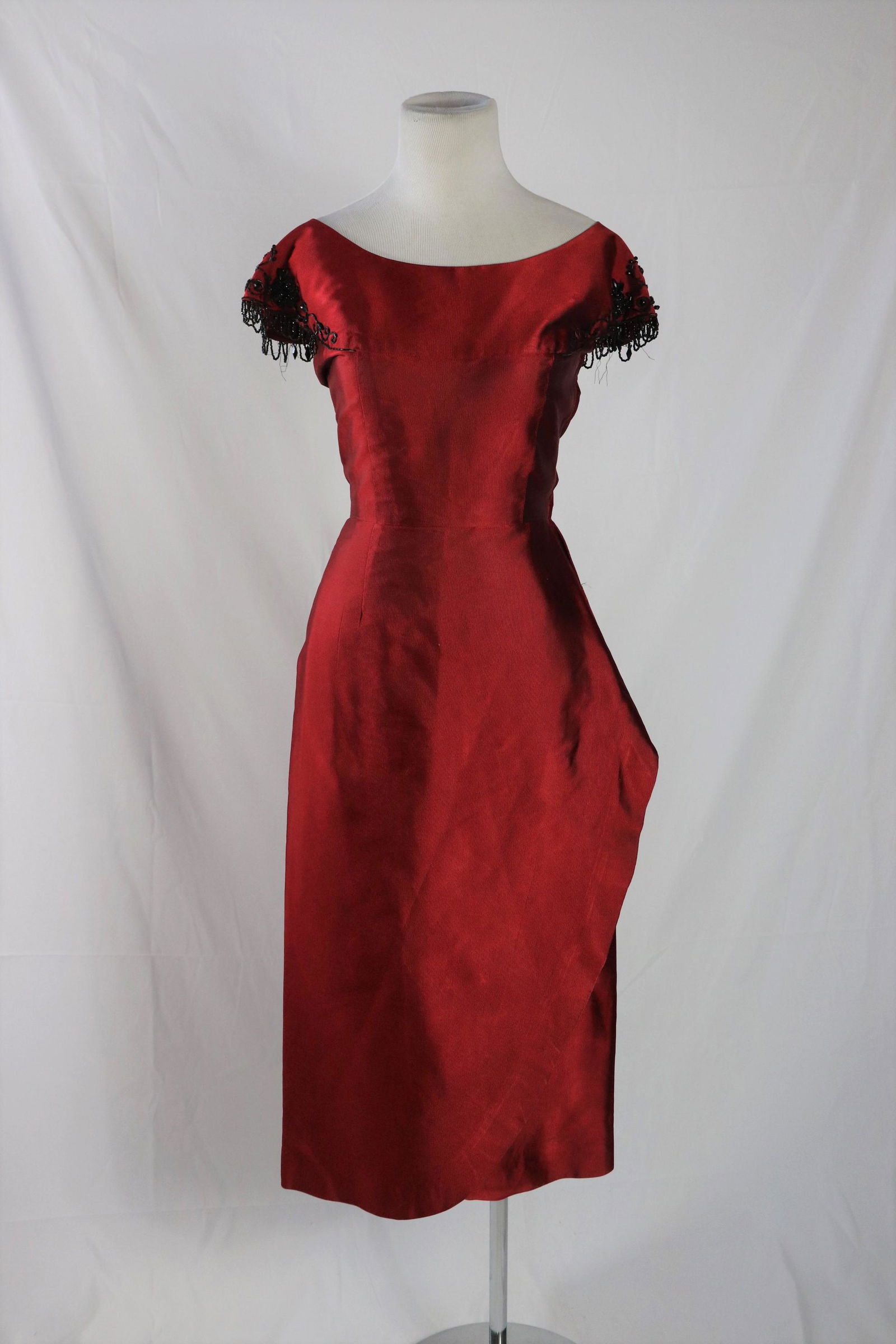 Vintage 1950's Red Satin Wiggle Dress by MILMONT: red satin silk taffeta blend, with great black jet beading, at arms, wrap style wiggle skirt, some loose or missing beads, needs snap or hook at wrap in back, side metal zipper, approx. 36 bust, 24 wa