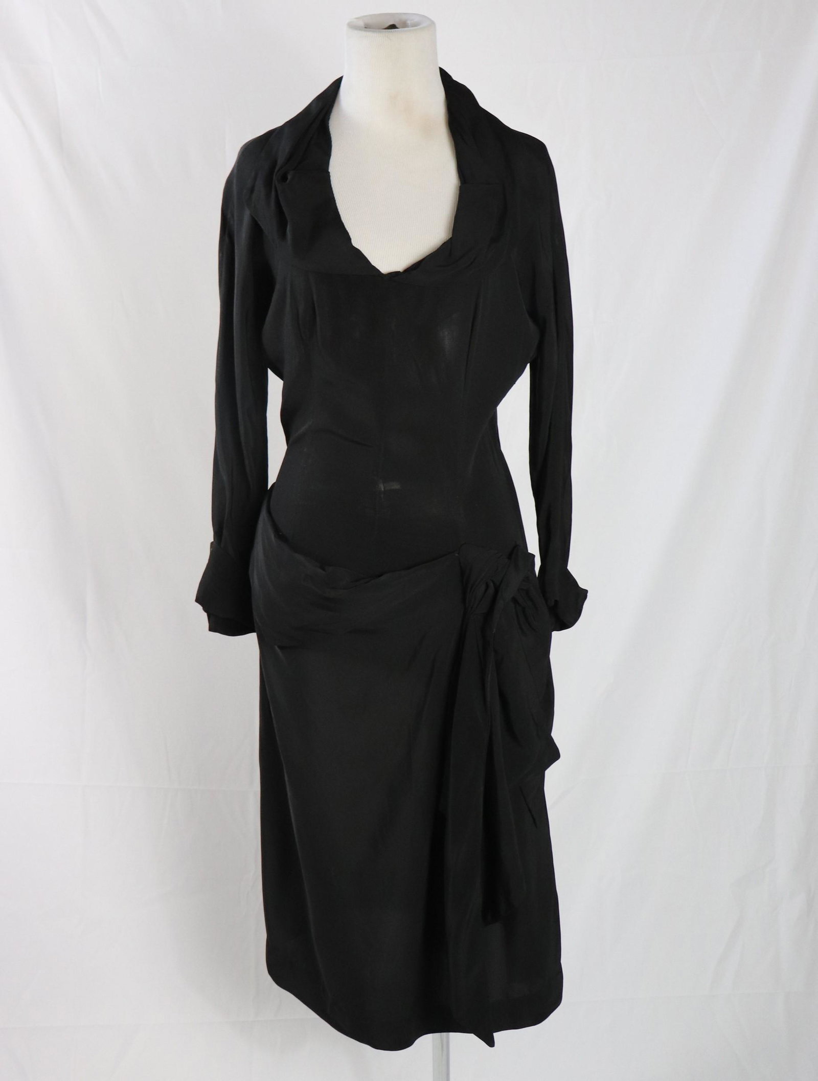 Vintage 1940's CEIL CHAPMAN Black Rayon Crepe Dress: long cuffed dolman sleeves with ruched shawl collar, drape skirt, side metal zipper, some iron sheen, drape and collar need tacking, approx. 38 bust, 27 waist, 36 hips