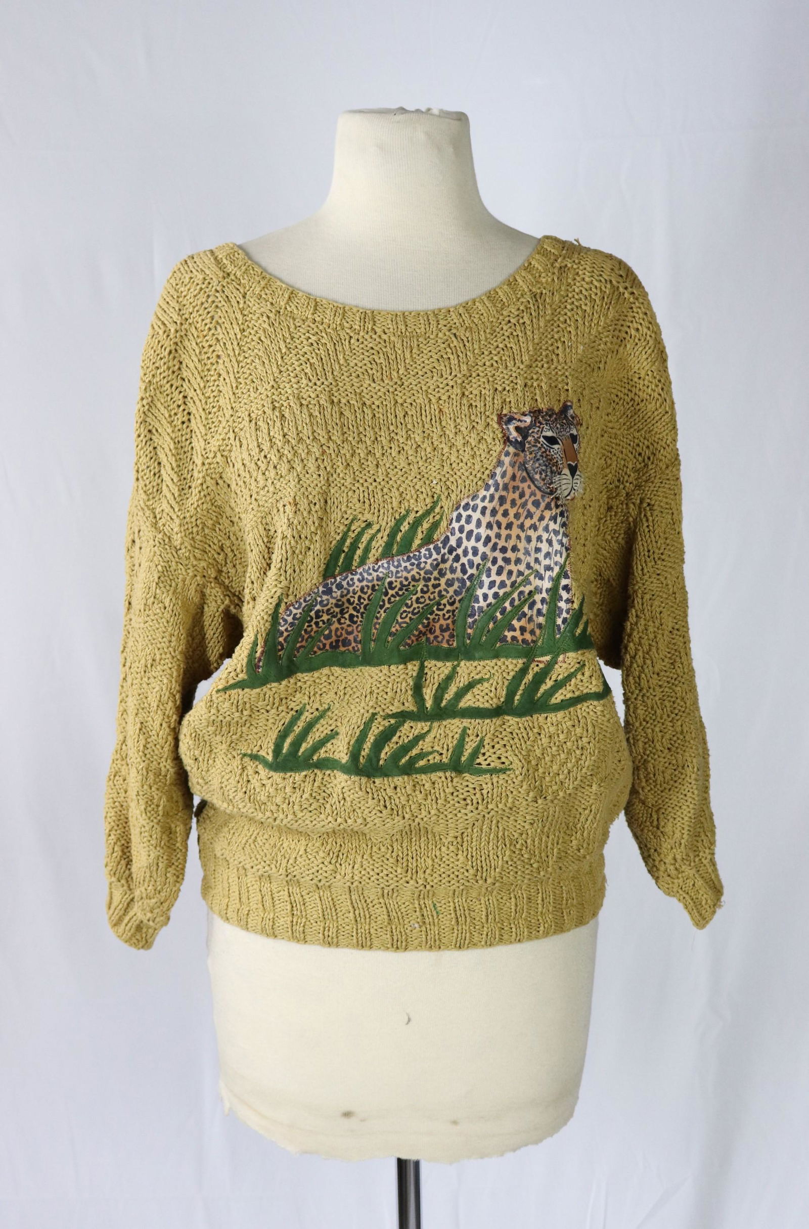 Vintage 1980's Knit Sweater with Leopard Applique: leather suede leopard applique, gold knit sweater, shoulder pads, good condition, approx. 44 bust