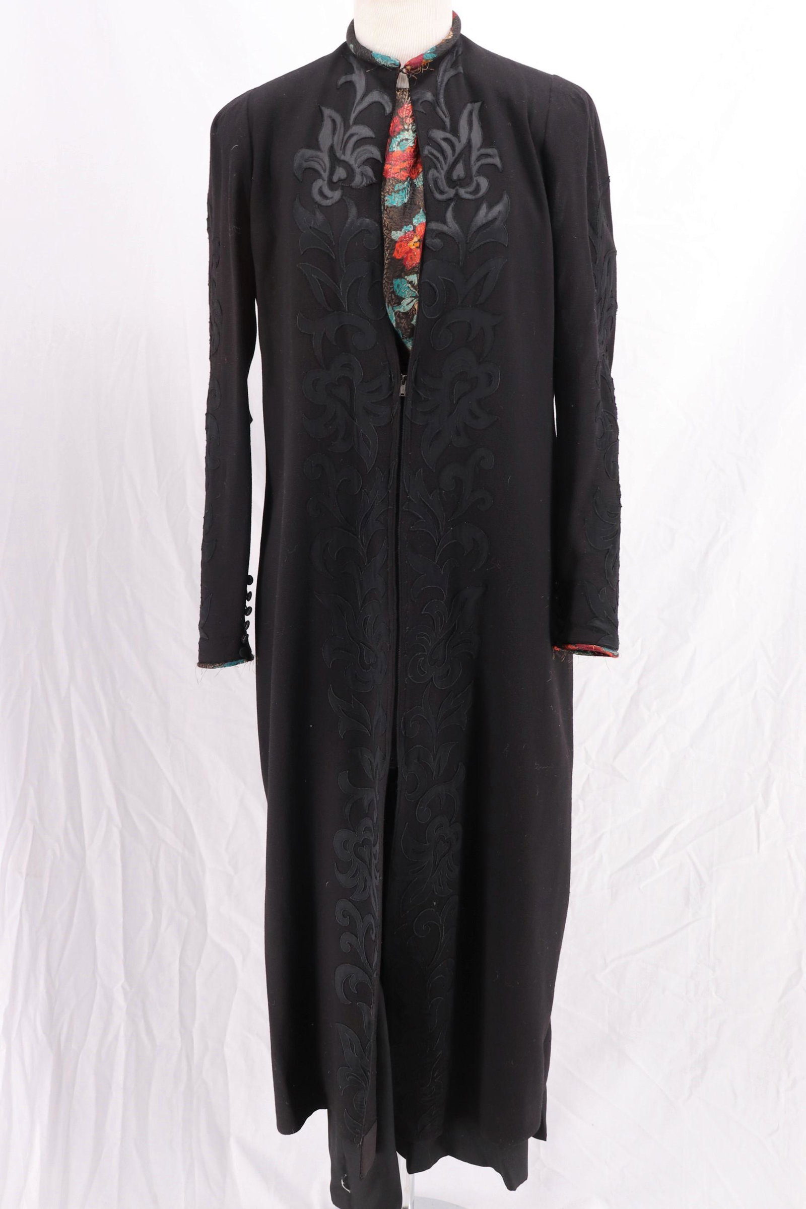 Antique 1900's Wool Coat Dress with Metallic Thread: long sleeves with metallic thread at cuff, satin applique along sleeve to shoulder, high collar with metallic thread detail, insert metallic vest, satin detain down either side front, metal zipper com