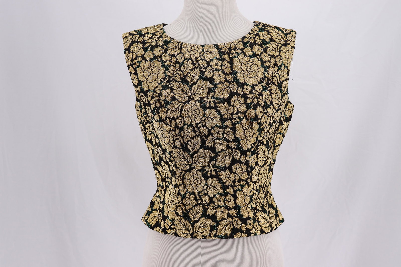 Vintage 1960's Stephen O'Grady Metallic Tinsel Ladies: sleeveless scoop neck fitted waist, back metal zipper, metallic tinsel brocade with gold, green and black, approx. 36 bust, 26 waist, good possible unused condition