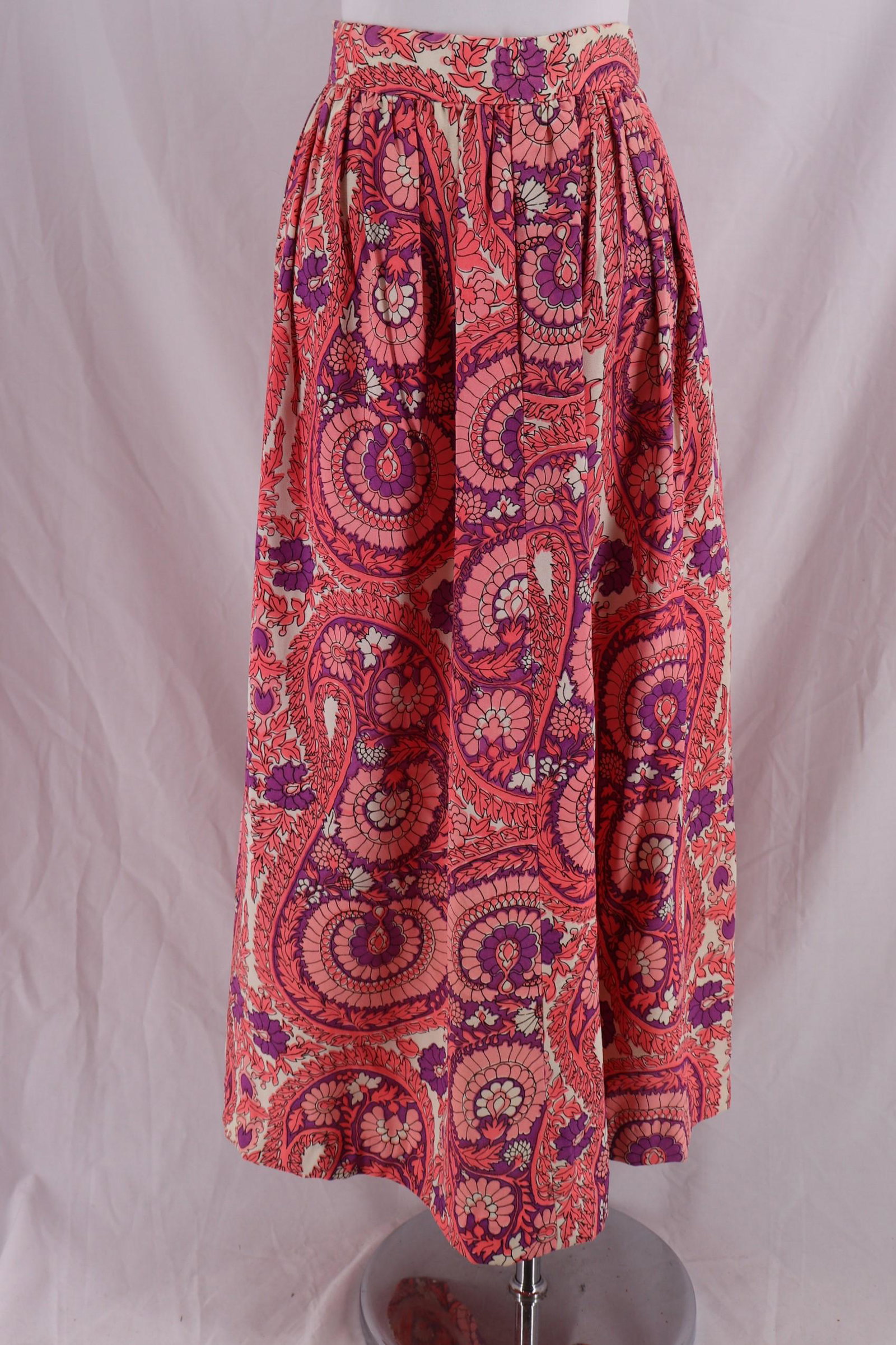 Vintage 1970's Vera Maxi Skirt: appears to have never been worn, bright pinks and purple maxi skirt, gathered at waist, approx. 30 waist