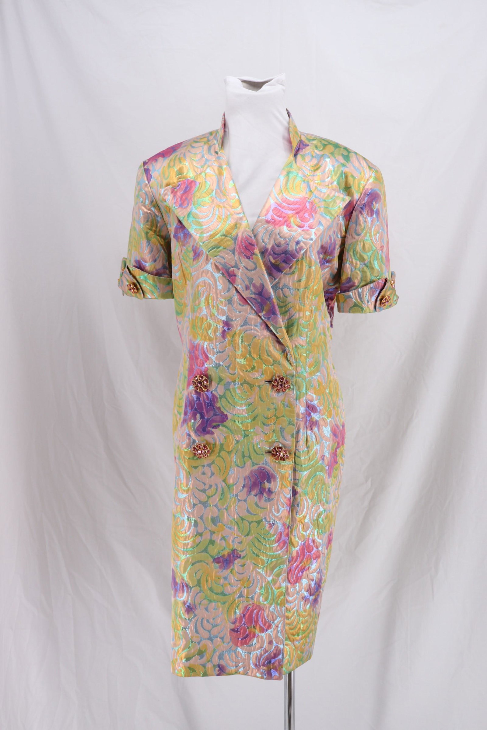 Vintage 1980's JOANNA MASTROIANNI Silk Dress with Pink: fabulous silk brocade fabric with bright paisley design, large winged collar, short rolled wing cuff sleeves, with pink crystal buttons, double breasted front with 2 rows of pink crystal buttons, just