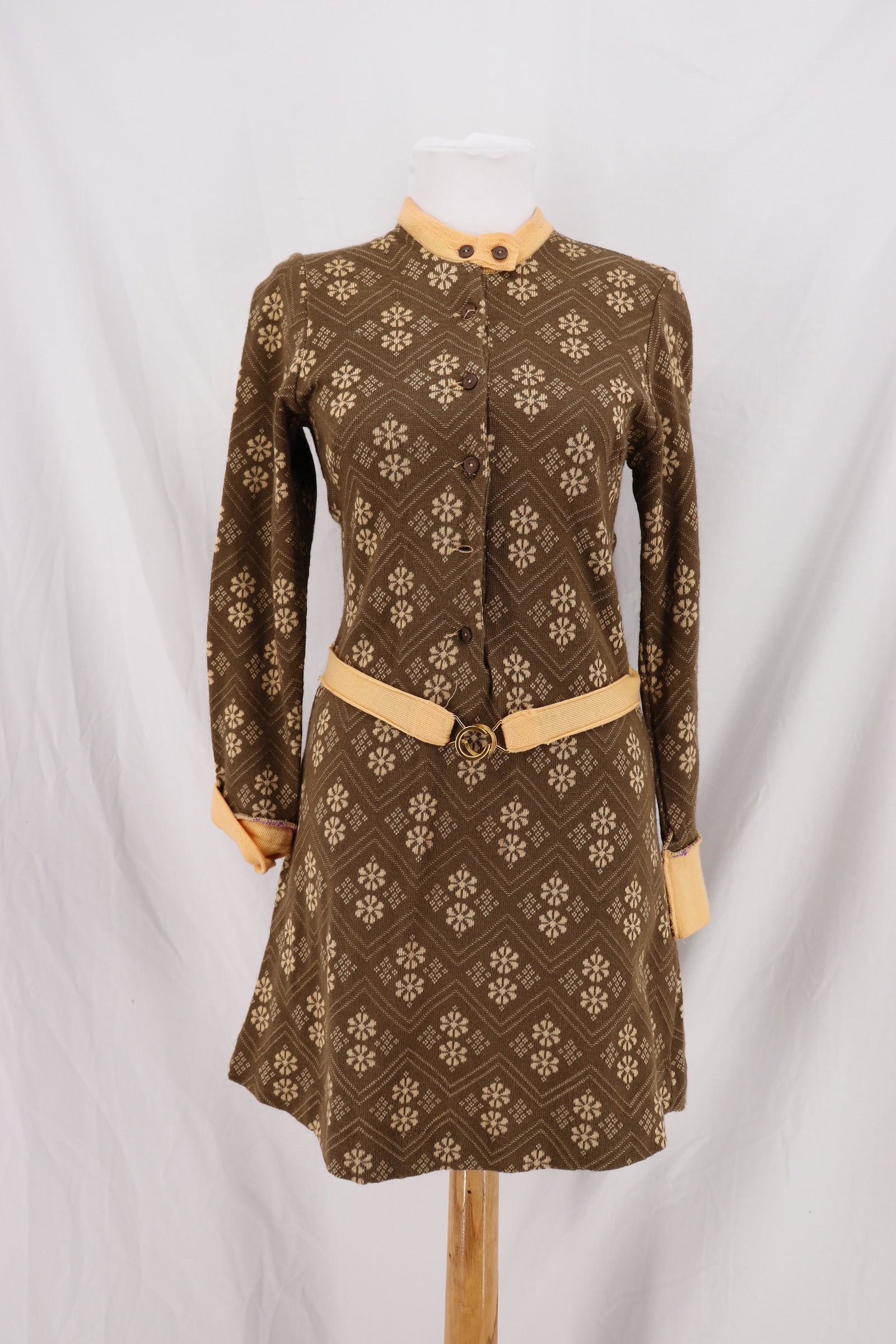 Vintage 1970's Knit Sweater Dress: acrylic knit green and cream, long rolled cuff sleeves, high round collar, button front, attached belt, approx. 32 bust, 30 waist, missing button