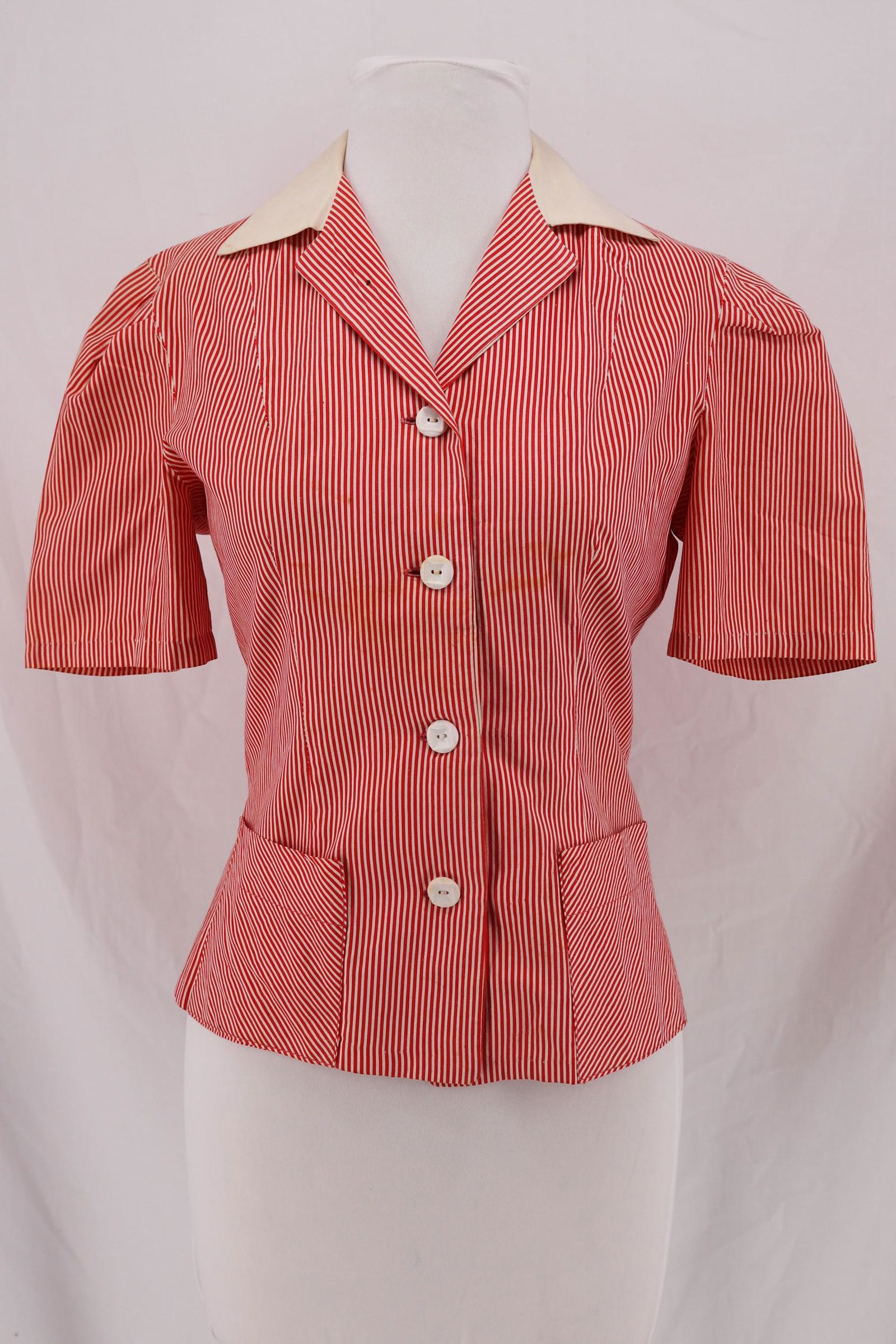 Vintage 1930's Red Stiped Cotton Blouse (1 of 13)