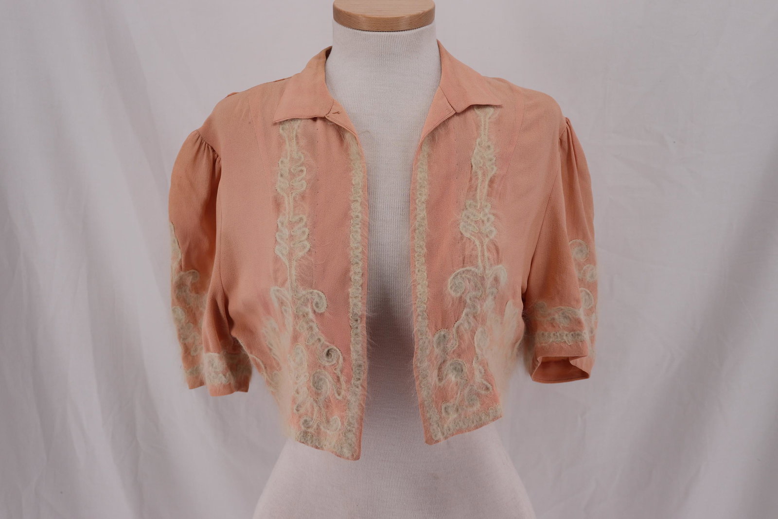 Vintage 1930's Crop Top with Angora Embroidery: rayon pale pink with angora, short pouf sleeves, one eye hook front but needs to be replased, seam repair needed at shoulder