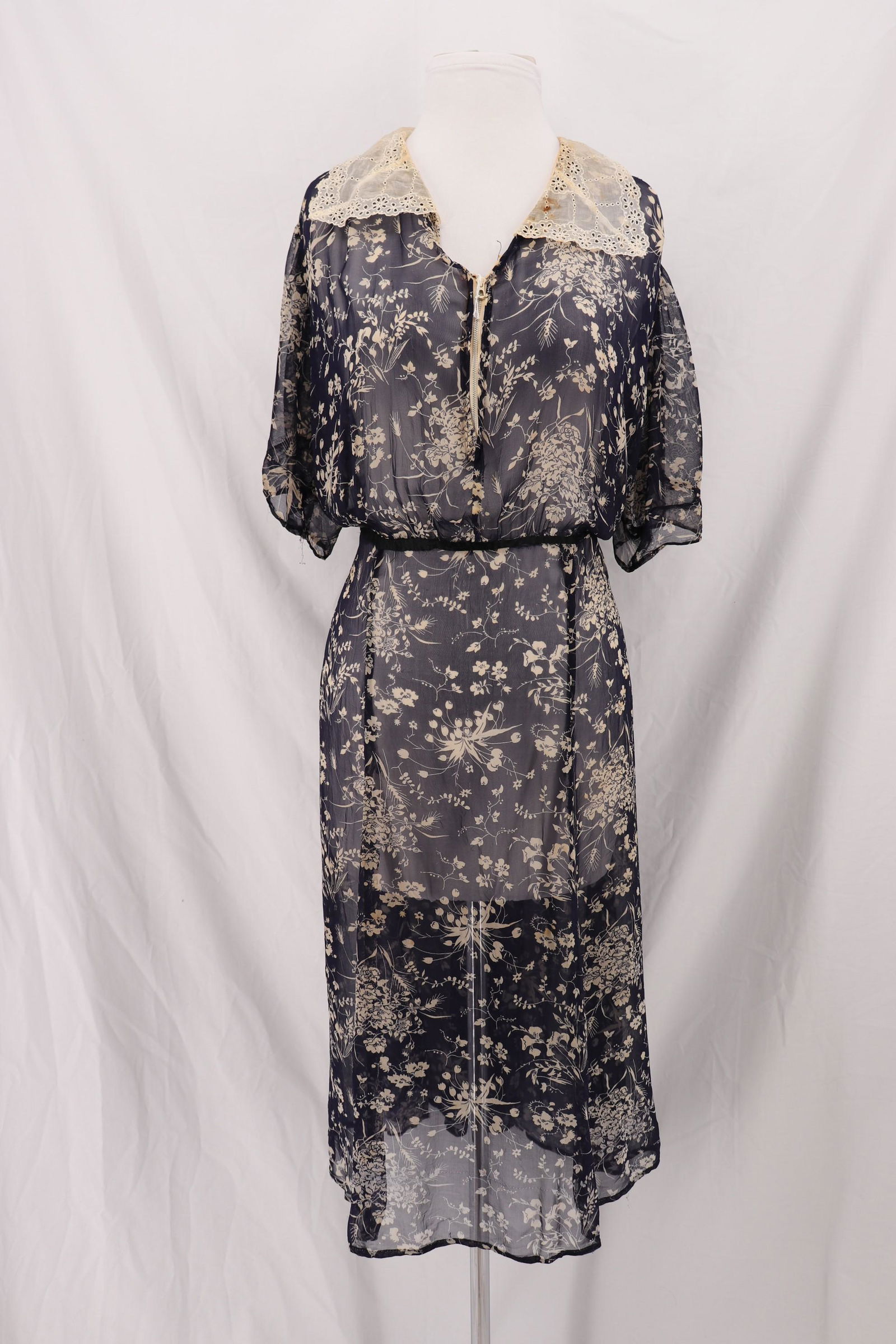 Vintage 1930's Floral Chiffon Dress with Eyelet Collar: short sleeves, eyelet collar, zipper front, thin black ribbon at waist, see photo's for stains, underarm damage and other, approx. 48 bust, 36 waist