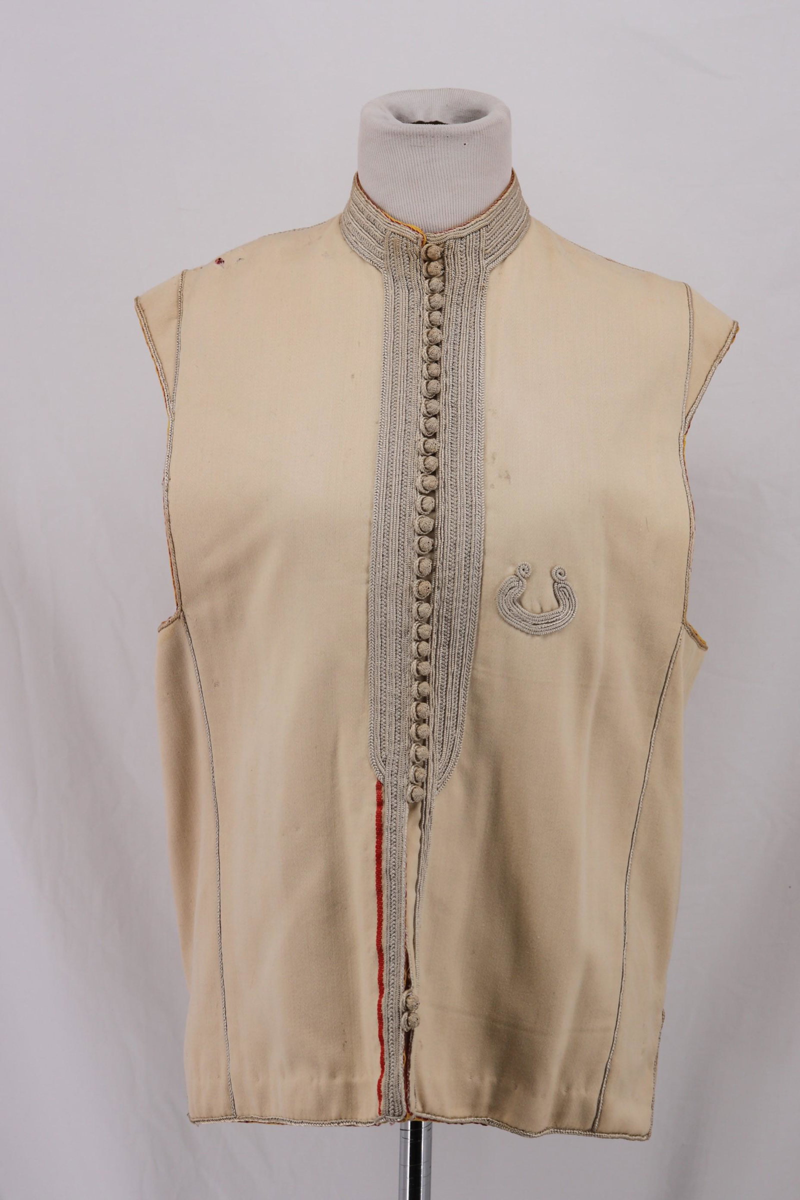 Vintage 1800's Men's Wool Vest with Cord Aplique: great wool vest with heary cord trim, loop & button front with twisted cord buttons, lined in a pink cotton blend, approx. 38 chest, some small holes see photo's