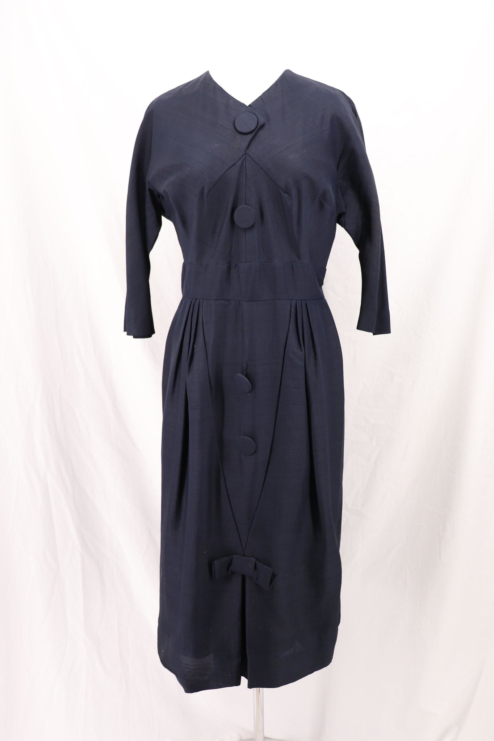 Vintage 1950's Black Silk Evening Dress: 3/4 dolman sleeves, large fabric faux button front, band at waist pleated skit, back metal zipper, one loose button, some seam repair needed, wear at neck and shoulders, see photo's, approx. 40 bust, 