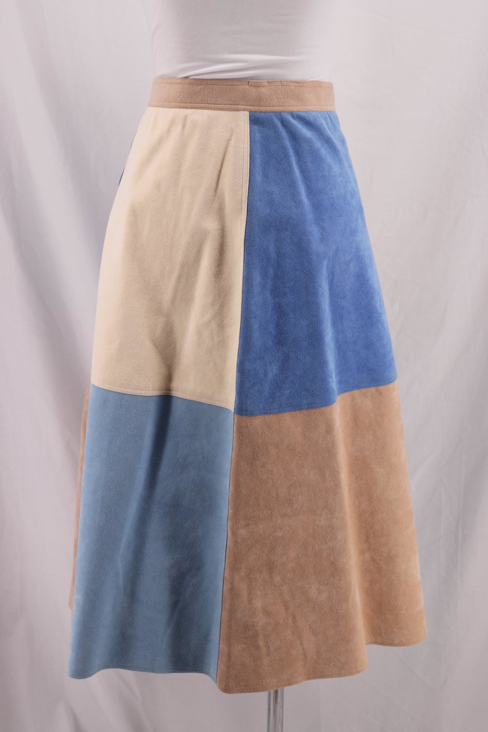 Vintage 1980's POLLY WATSON Faux Suede Color Block: shades of blue and tan color block with scalloped design, approx. 30 waist, side metal zipper, good condition
