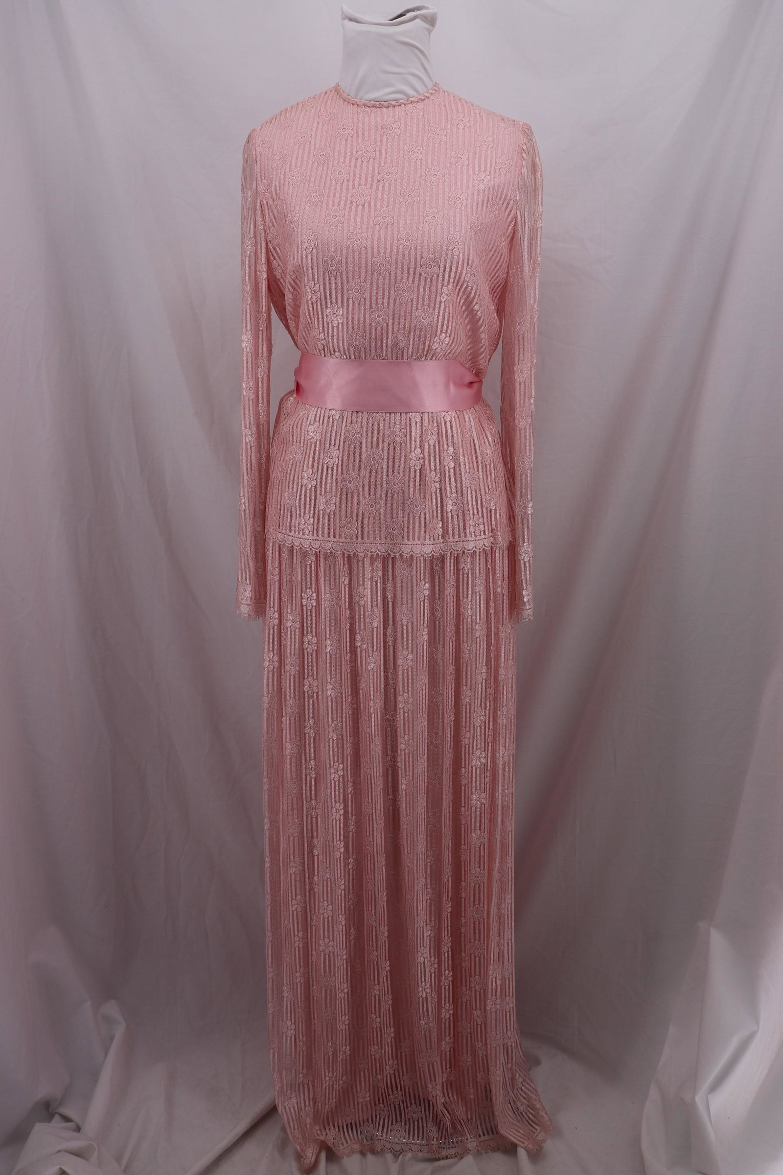Vintage 1980's RICHILENE/ SARA FREDERICKS Pink Lace: Sheer lace long sleeves, sheer lace over pink lining, attached skirt top style, pink satin ribbon belt at waist, good condition, Approx.; 34 bust, 26 waist